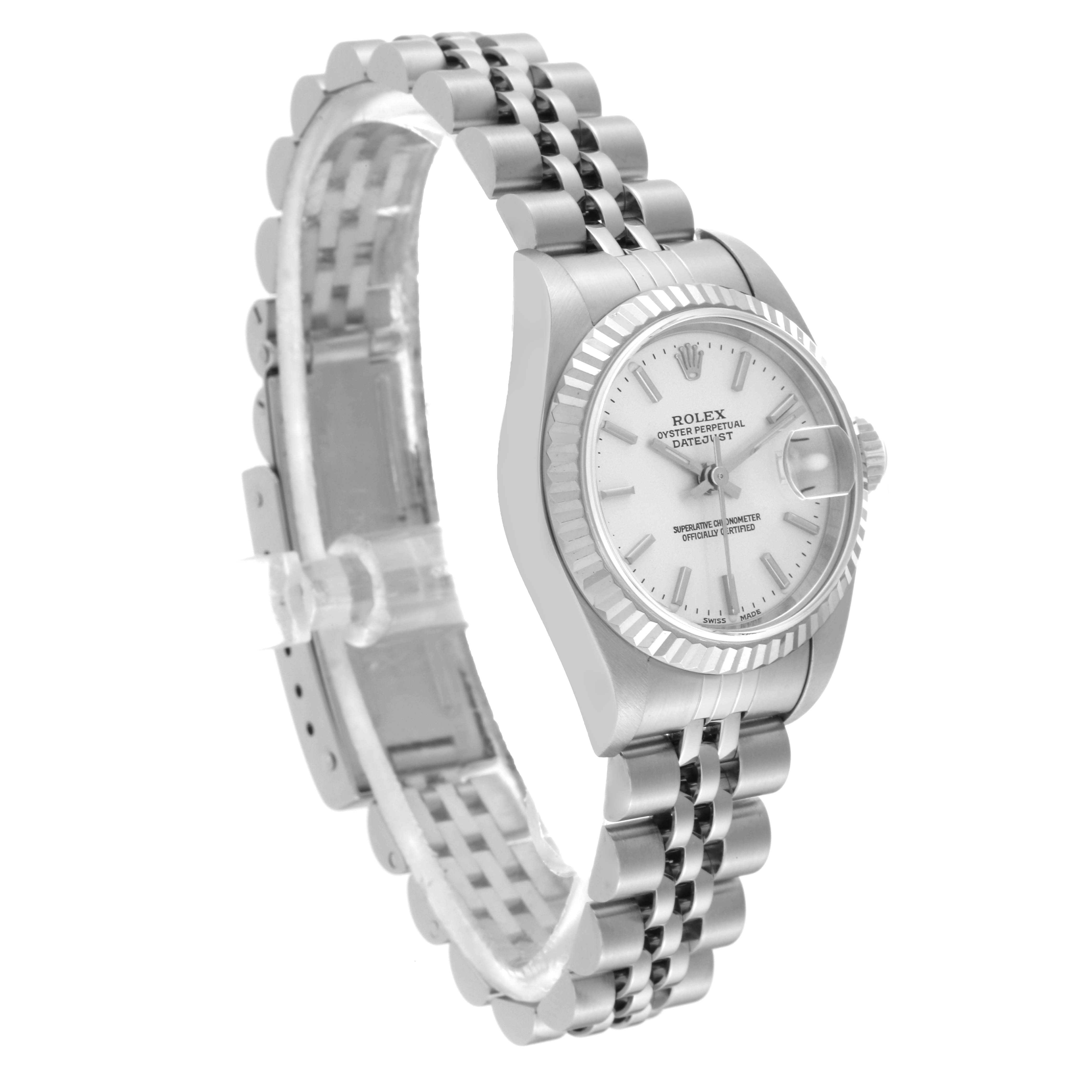 This image shows a Rolex Datejust 79174 Women
s Stainless Steel Silver Dial 79174 Women
s Stainless Steel Silver Dial watch at a side angle, highlighting the bracelet and face with a fluted bezel.