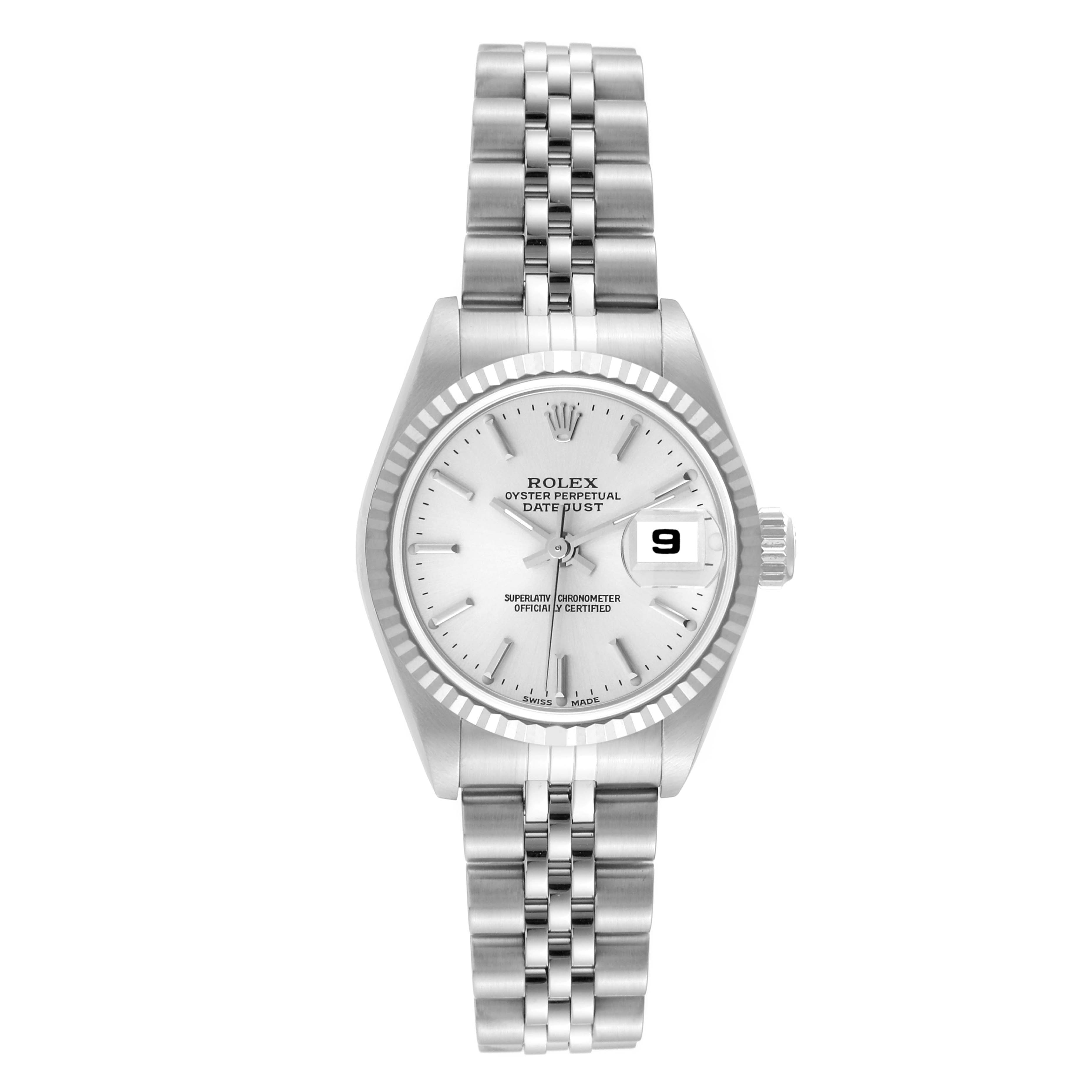 The image shows a front view of the Rolex Datejust 79174 Women
s Stainless Steel Silver Dial 79174 Women
s Stainless Steel Silver Dial model, highlighting its dial, bezel, and stainless steel bracelet.