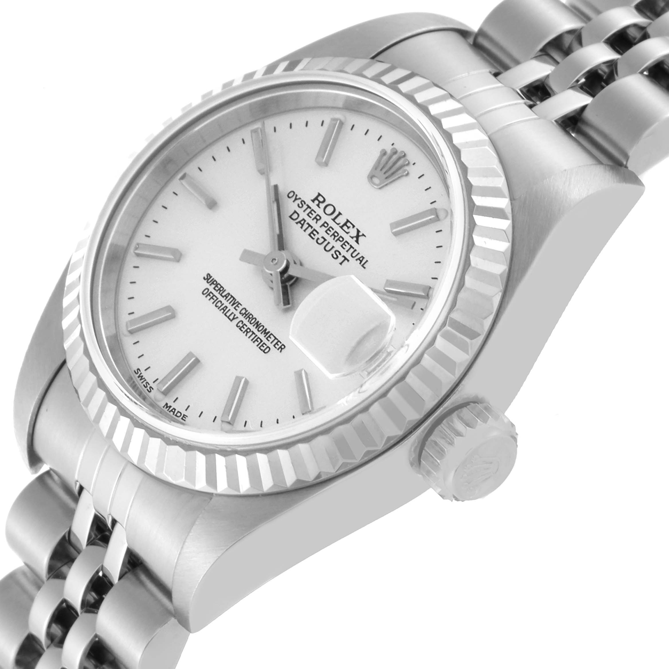 This image shows a close-up angle of a Rolex Datejust 79174 Women
s Stainless Steel Silver Dial 79174 Women
s Stainless Steel Silver Dial watch, highlighting the dial, bezel, crown, and part of the bracelet.
