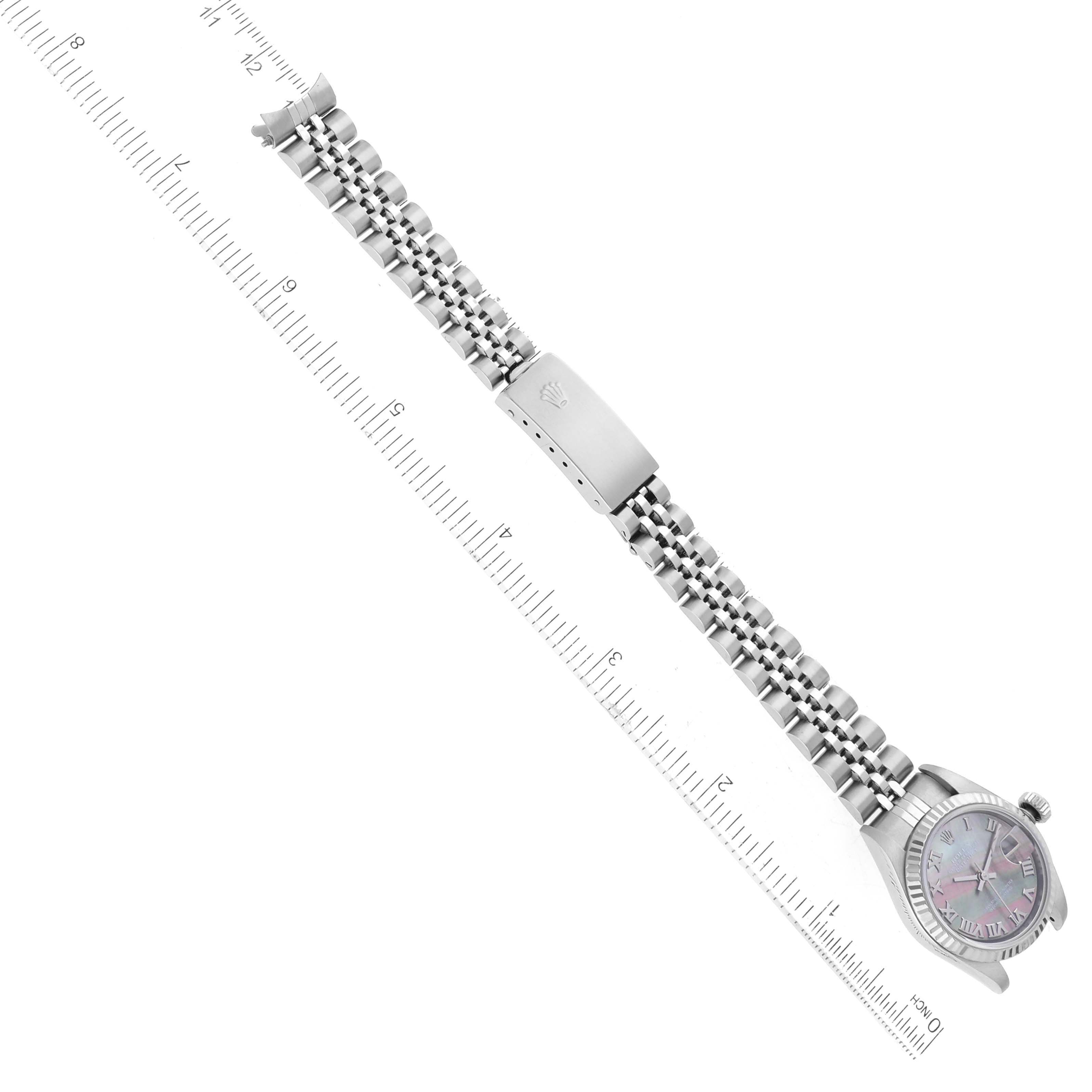 The image shows a Rolex Datejust 79147 Women's Stainless Steel Mother of Pearl Dial 79147 Women's Stainless Steel Mother of Pearl Dial watch laid flat, displaying the bracelet, clasp, and watch face.
