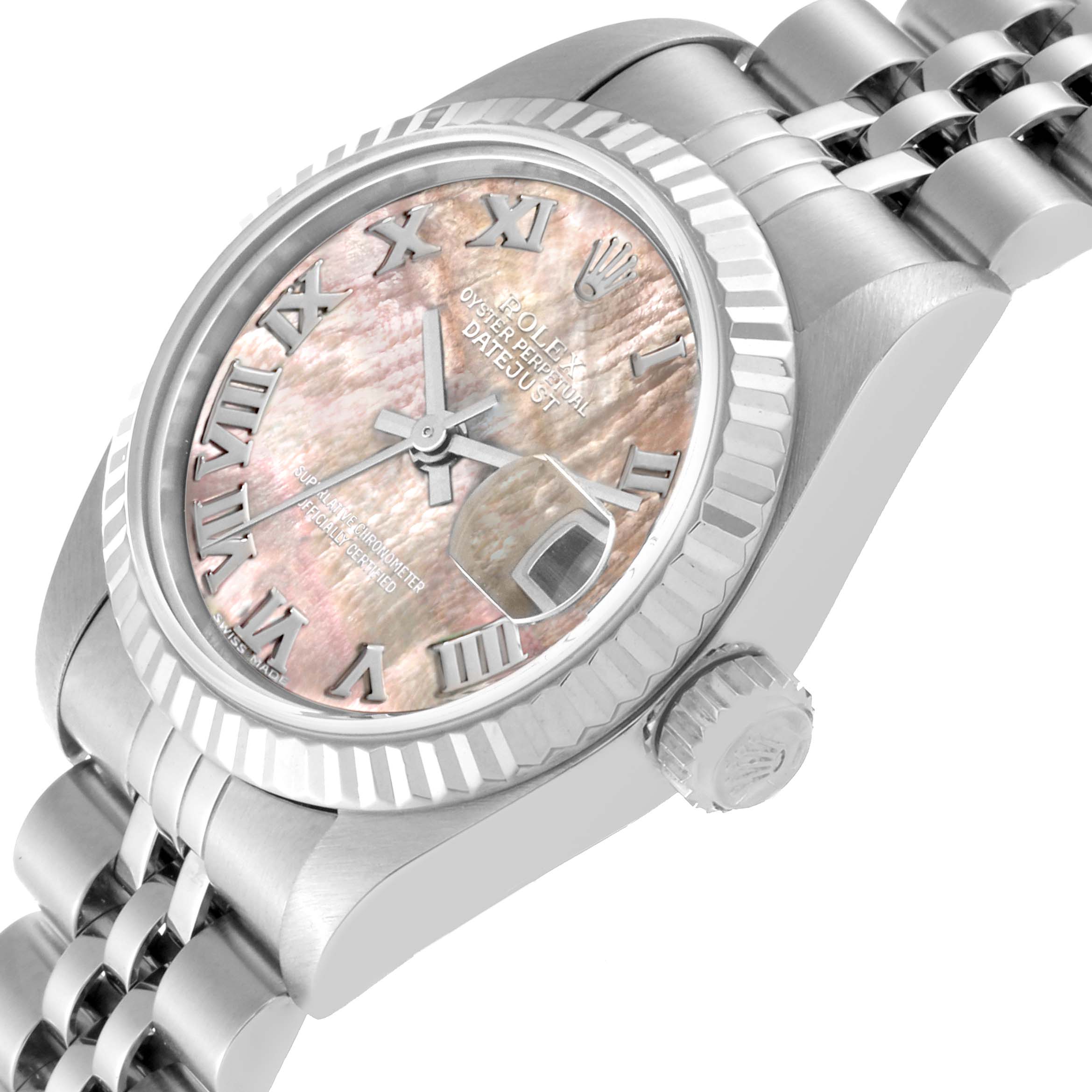 The image shows a Rolex Datejust 79147 Women's Stainless Steel Mother of Pearl Dial 79147 Women's Stainless Steel Mother of Pearl Dial watch at a close angle, highlighting its dial, bezel, crown, and part of the bracelet.