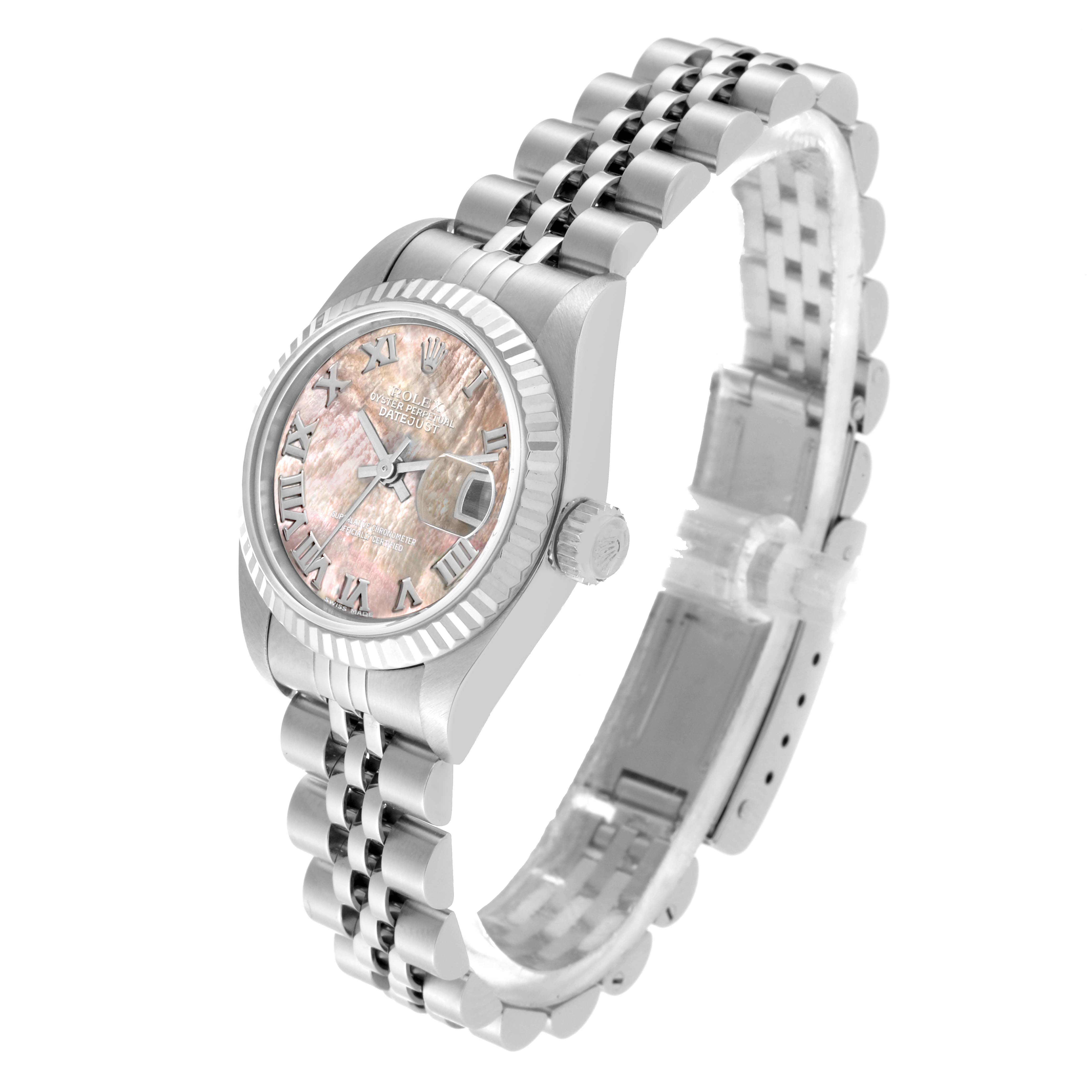 The image shows a Rolex Datejust 79147 Women's Stainless Steel Mother of Pearl Dial 79147 Women's Stainless Steel Mother of Pearl Dial watch angled from the front and slightly to the side, highlighting the dial, bezel, and bracelet.