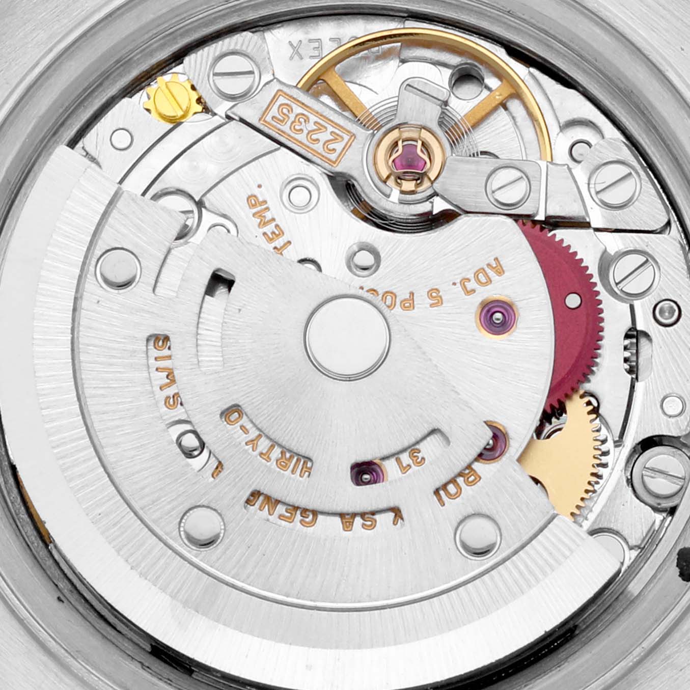 This is a close-up view of the movement mechanism within a Rolex Datejust 79147 Women's Stainless Steel Mother of Pearl Dial 79147 Women's Stainless Steel Mother of Pearl Dial watch.