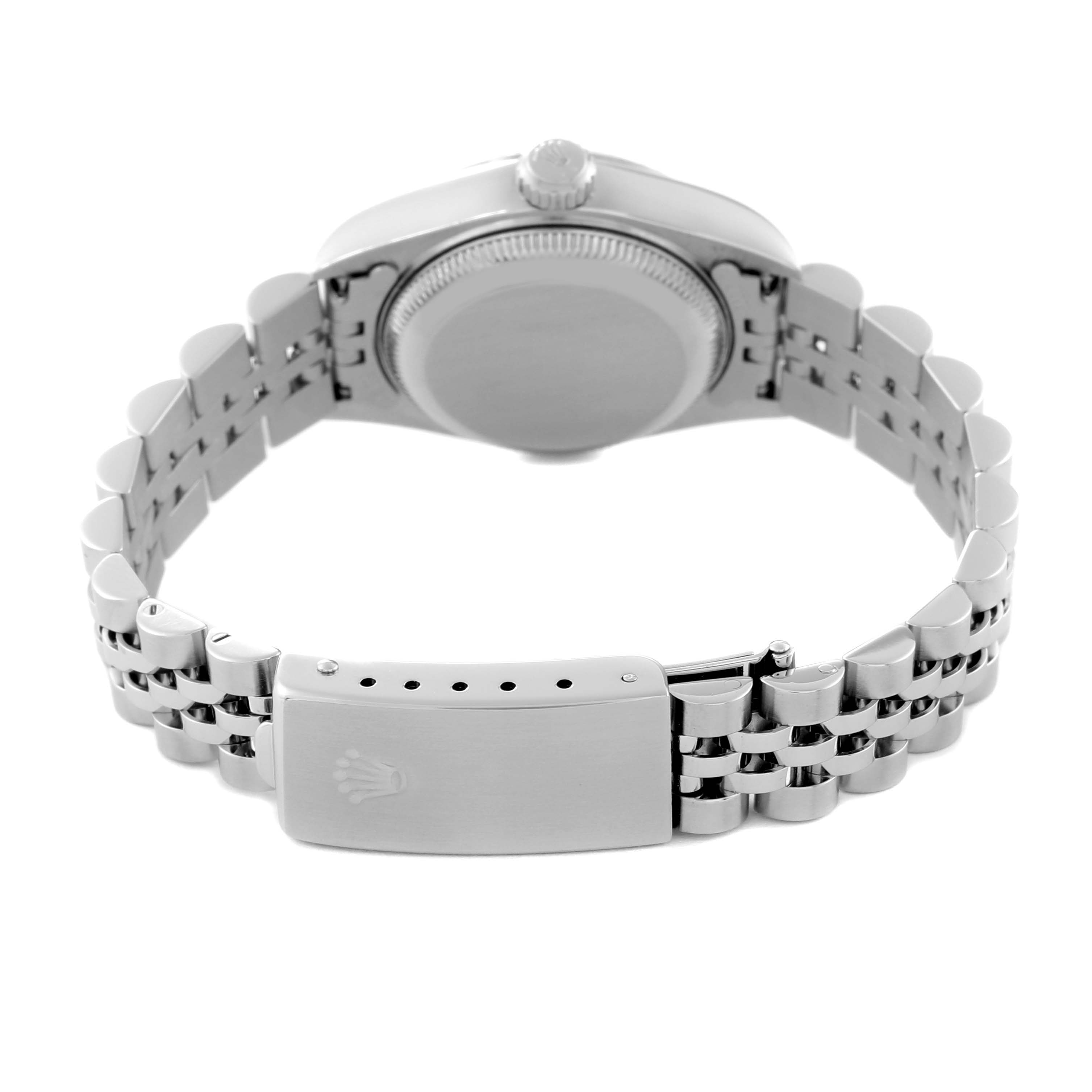 The image shows the back view of a Rolex Datejust 79147 Women's Stainless Steel Mother of Pearl Dial 79147 Women's Stainless Steel Mother of Pearl Dial watch, highlighting the clasp, bracelet, and case back.