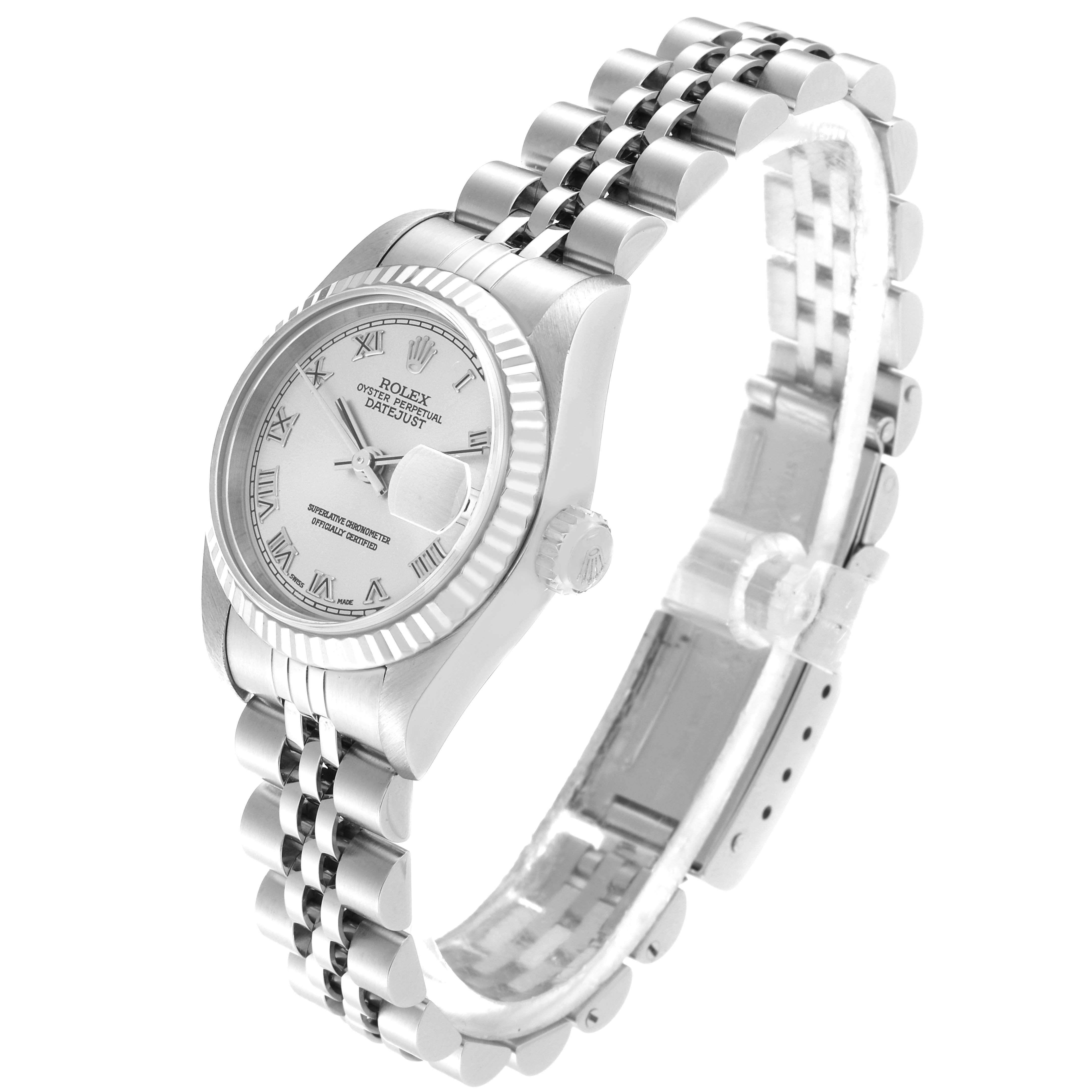The image shows a Rolex Datejust 79174 Women
s Stainless Steel Silver Dial 79174 Women
s Stainless Steel Silver Dial watch with a side and top angle view, displaying the case, bezel, dial, and bracelet.