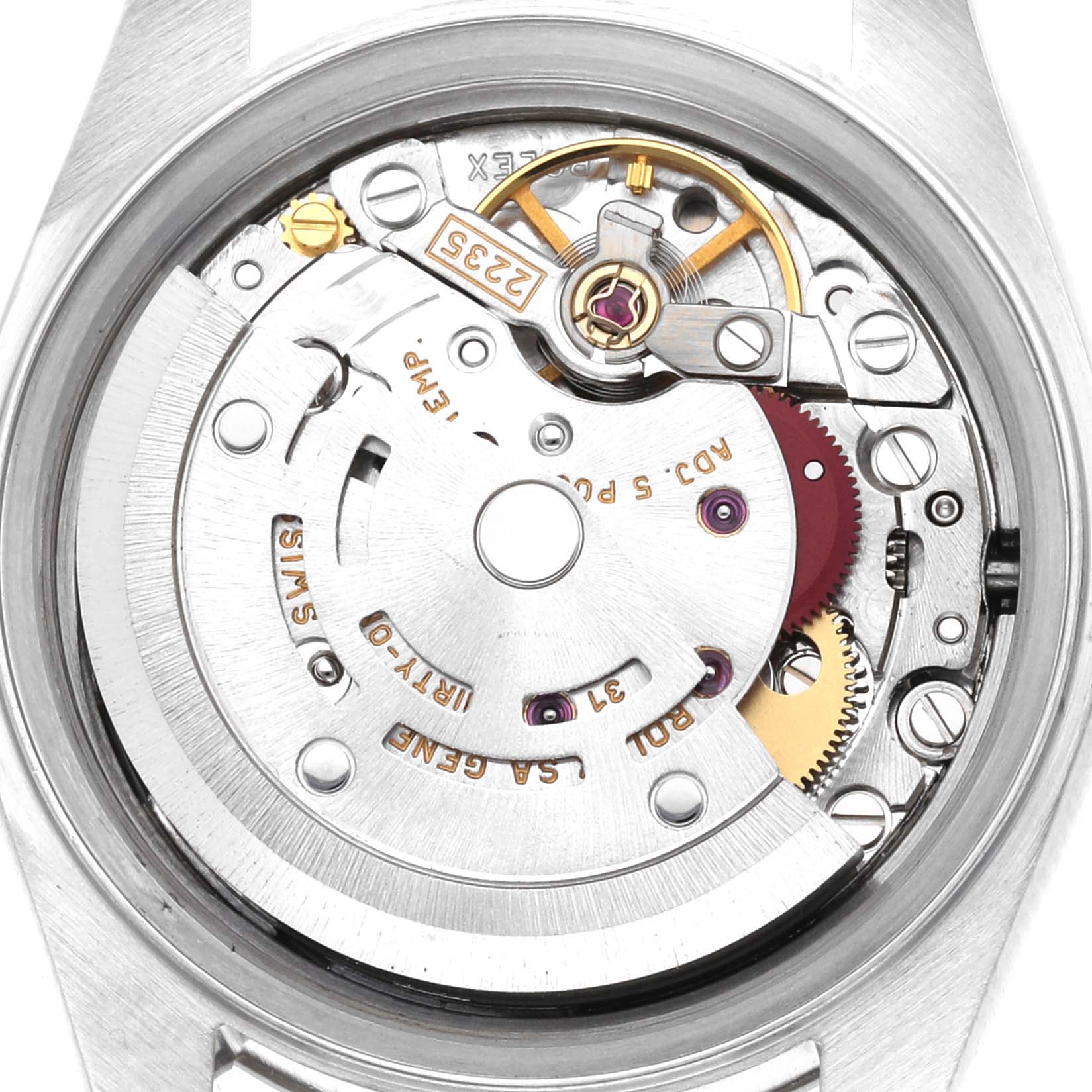 The image shows the internal mechanism and movement of a Rolex Datejust 79174 Women
s Stainless Steel Silver Dial 79174 Women
s Stainless Steel Silver Dial watch taken from a back view angle.