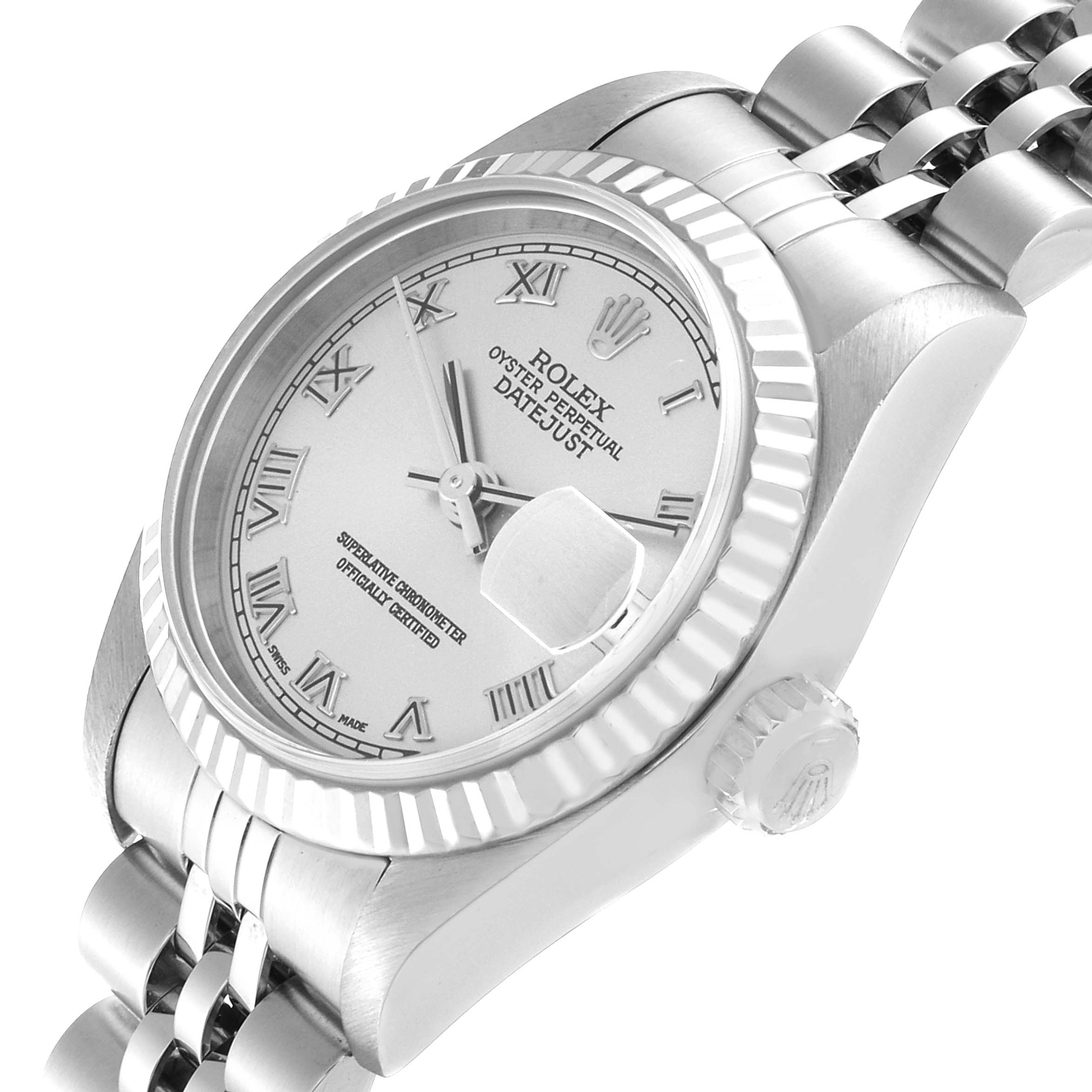 The image shows a side and slight top angle of the Rolex Datejust 79174 Women
s Stainless Steel Silver Dial 79174 Women
s Stainless Steel Silver Dial watch, displaying the dial, bezel, crown, and part of the bracelet.