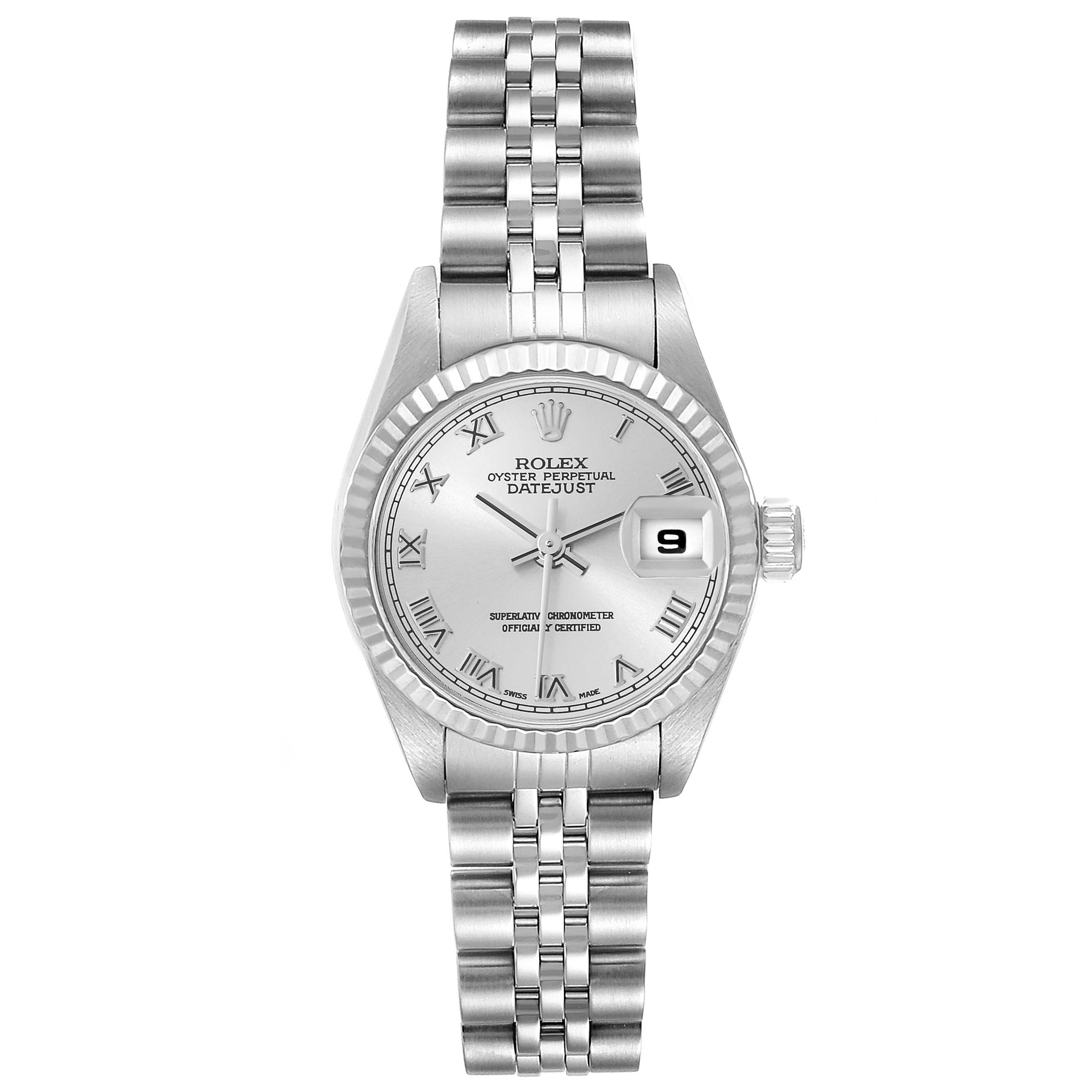 This Rolex Datejust 79174 Women
s Stainless Steel Silver Dial 79174 Women
s Stainless Steel Silver Dial watch is shown from a top-down angle, displaying the dial, bracelet, and crown.