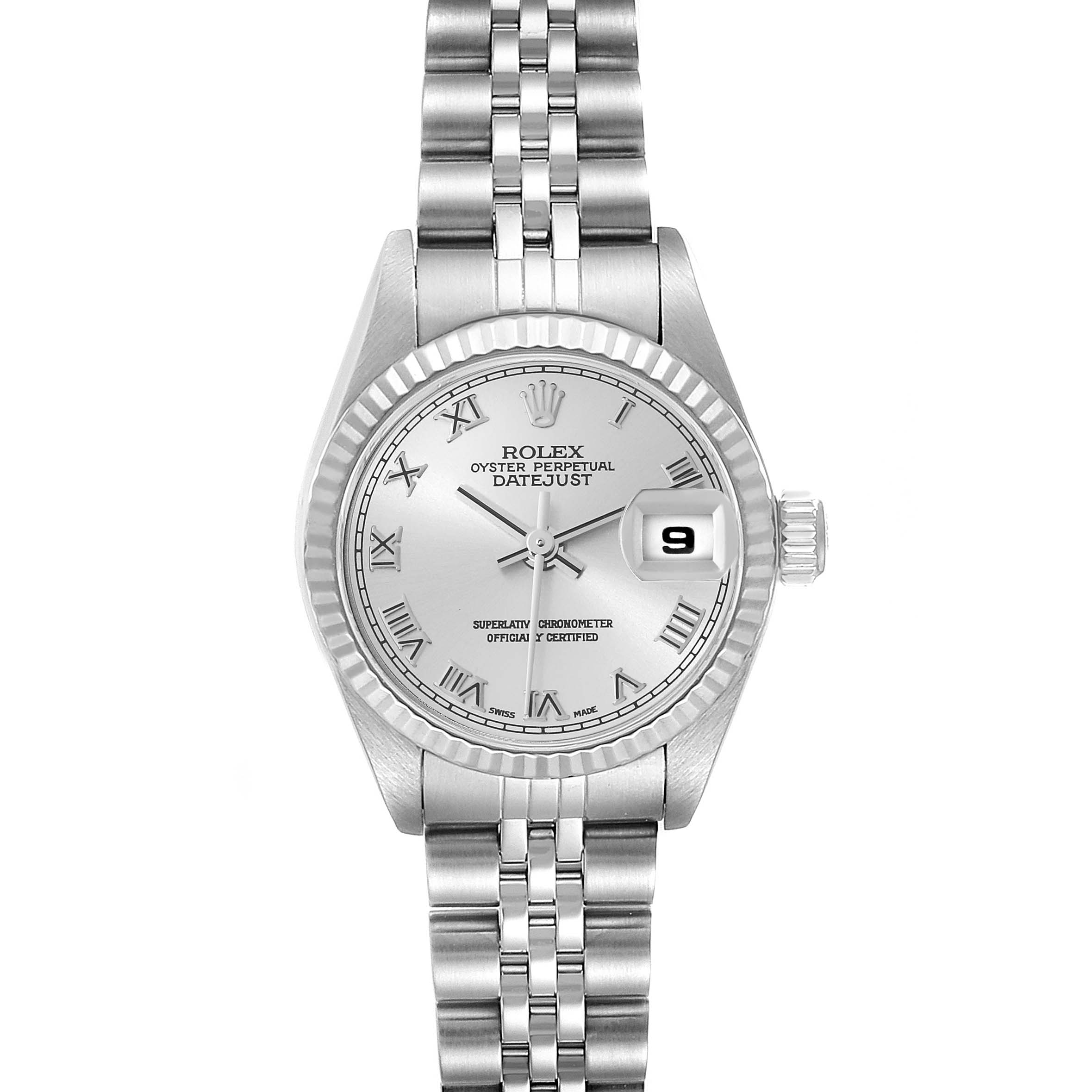The image shows a front-facing view of a Rolex Datejust 79174 Women
s Stainless Steel Silver Dial 79174 Women
s Stainless Steel Silver Dial watch, focusing on the dial, bezel, and bracelet.