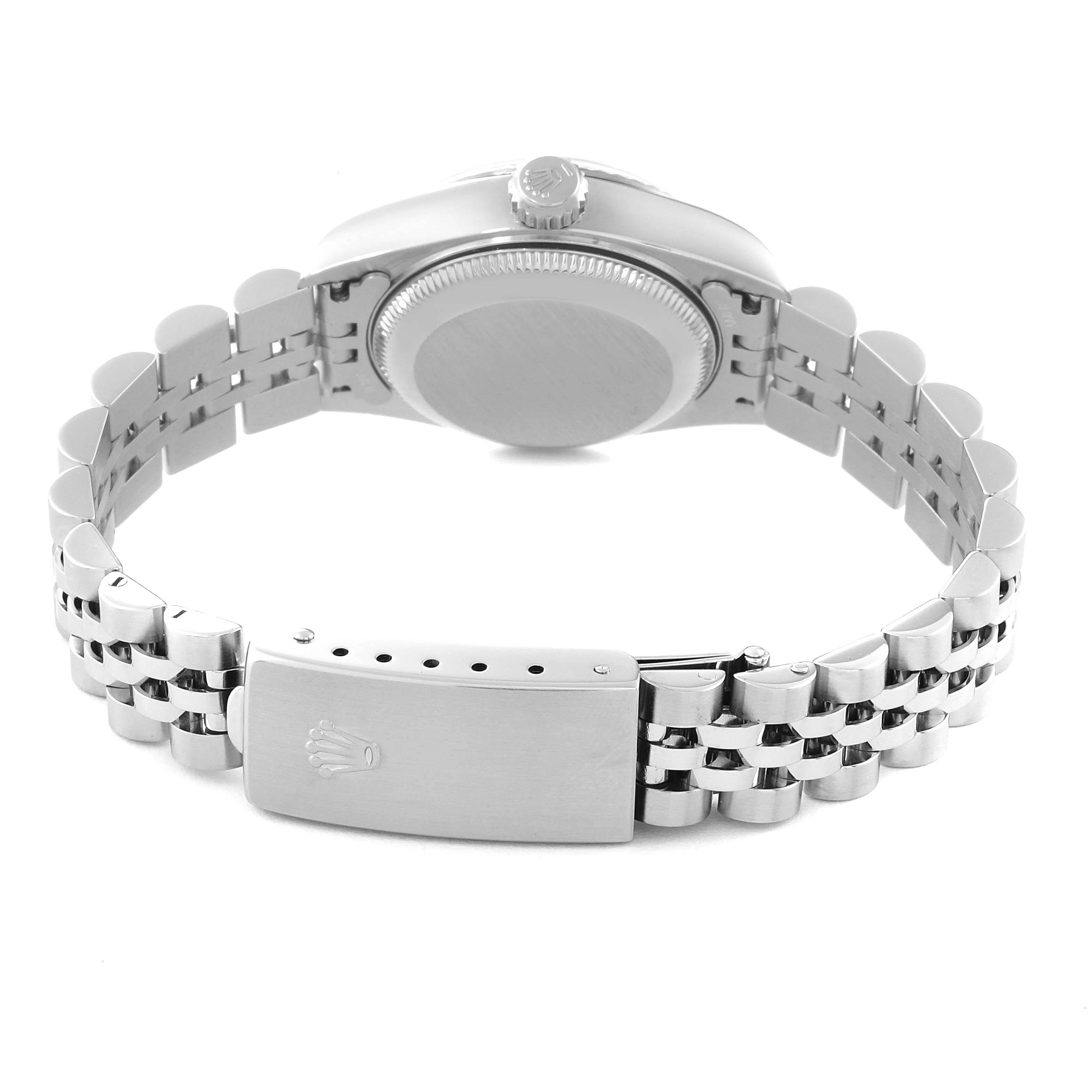 The image shows the back and bracelet of a Rolex Datejust 79174 Women
s Stainless Steel Silver Dial 79174 Women
s Stainless Steel Silver Dial watch.