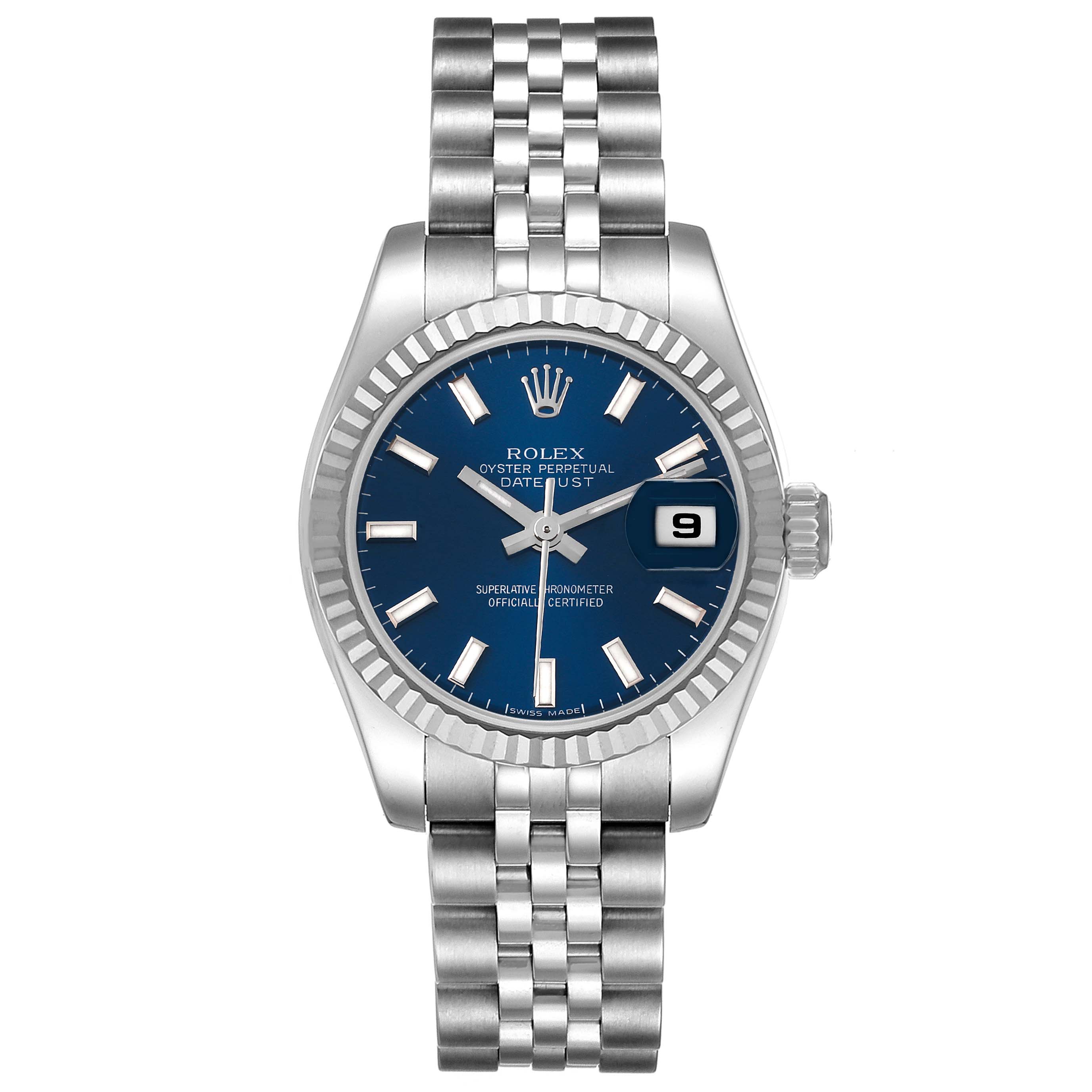 The Rolex Datejust 179174 Women
s Stainless Steel Blue Dial 179174 Women
s Stainless Steel Blue Dial watch is shown from a top-down angle, highlighting its blue dial, fluted bezel, and jubilee bracelet.