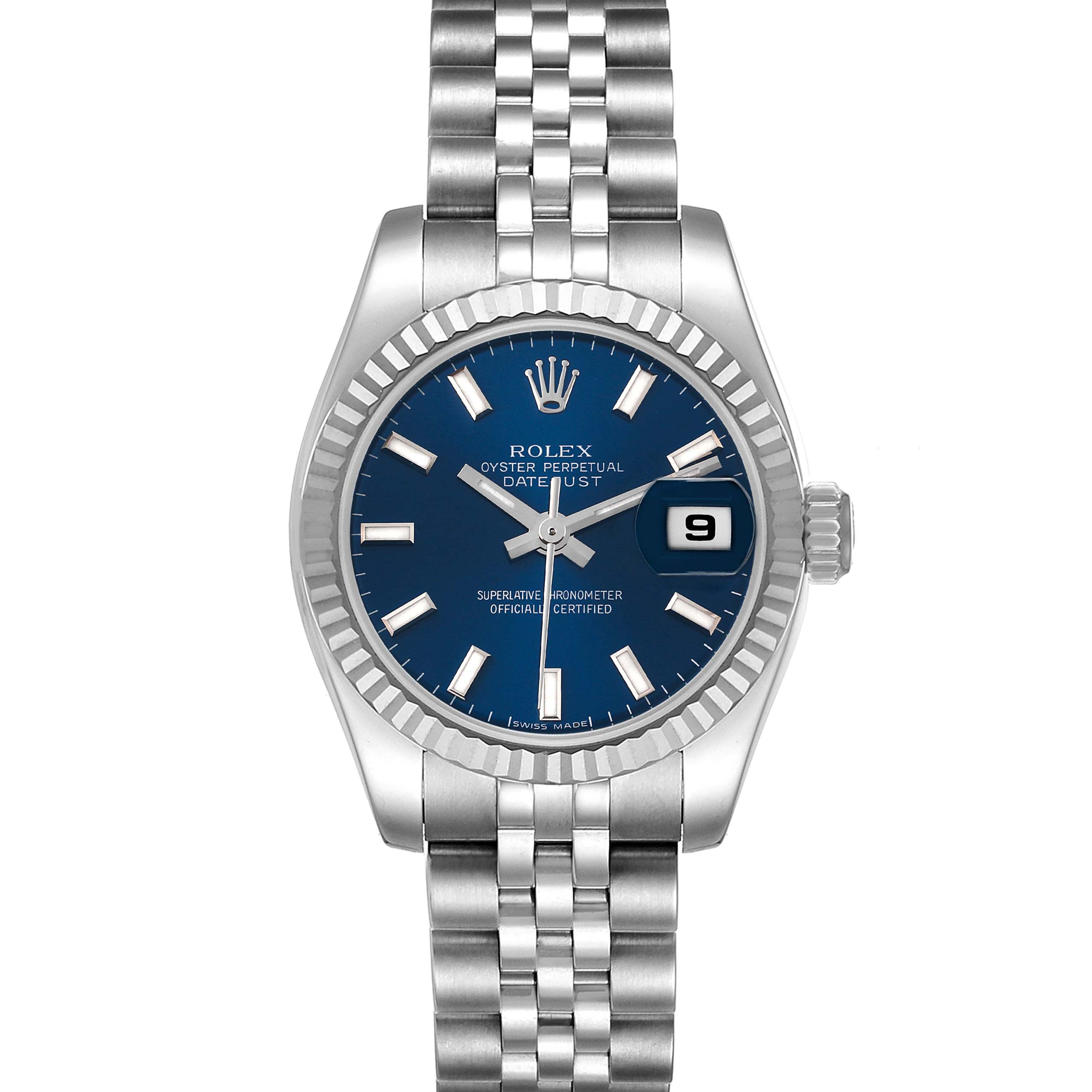 This image shows a Rolex Datejust 179174 Women
s Stainless Steel Blue Dial 179174 Women
s Stainless Steel Blue Dial watch from a straight-on angle, displaying the dial, bezel, crown, and bracelet.