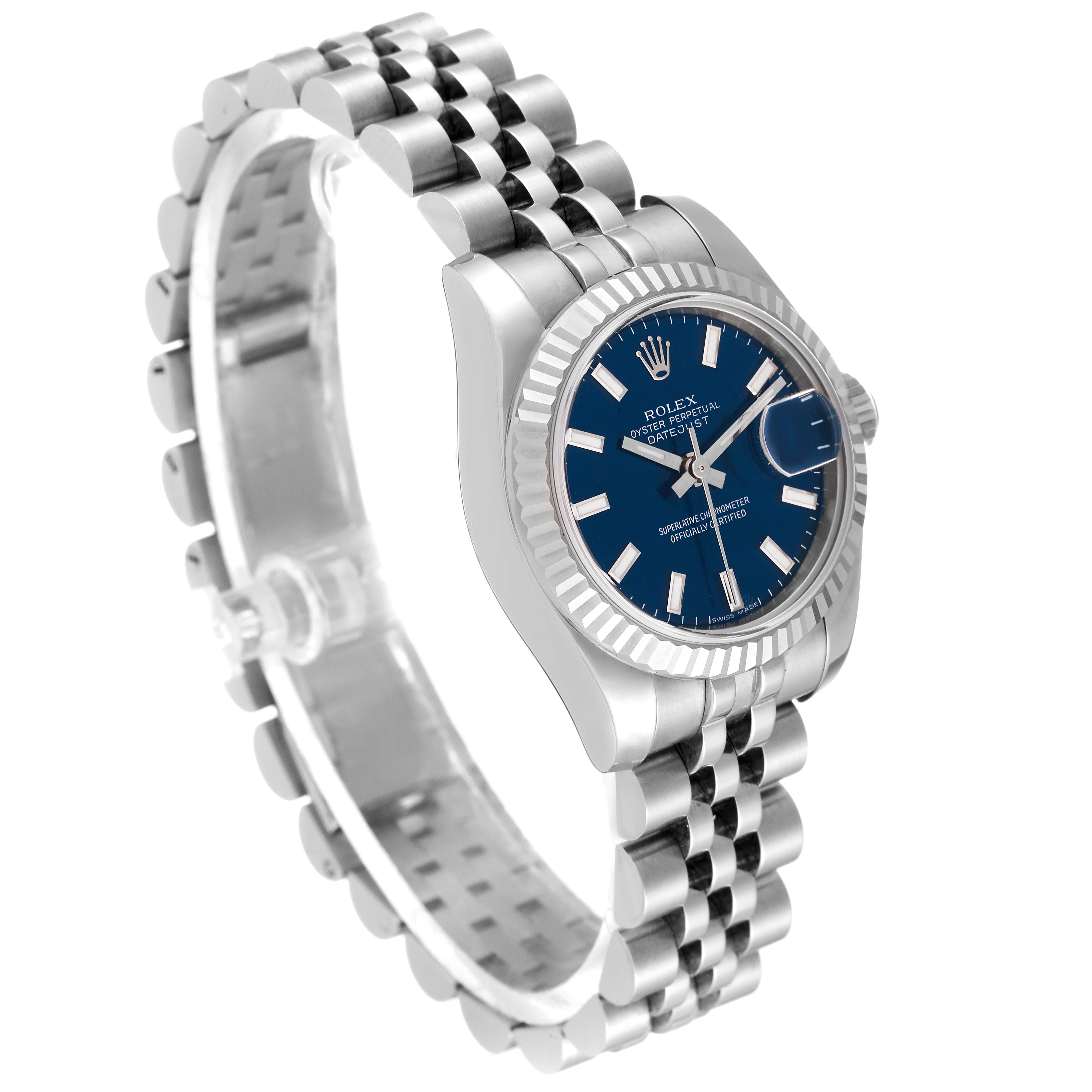 The Rolex Datejust 179174 Women
s Stainless Steel Blue Dial 179174 Women
s Stainless Steel Blue Dial watch is shown at a slight angle, displaying its blue dial, bezel, crown, and Jubilee bracelet.