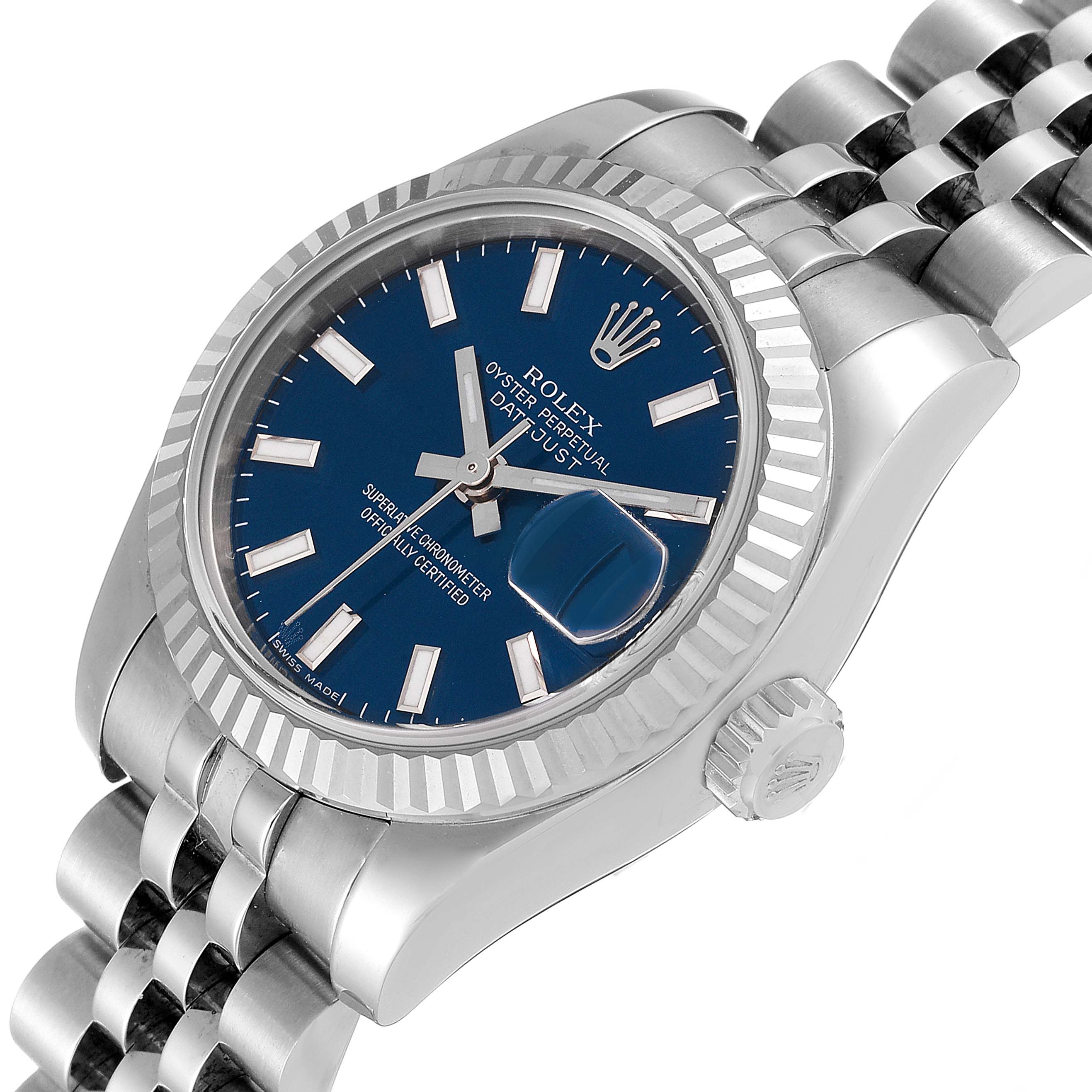 The image shows a close-up angled view of the Rolex Datejust 179174 Women
s Stainless Steel Blue Dial 179174 Women
s Stainless Steel Blue Dial watch, highlighting its blue dial, fluted bezel, and bracelet.