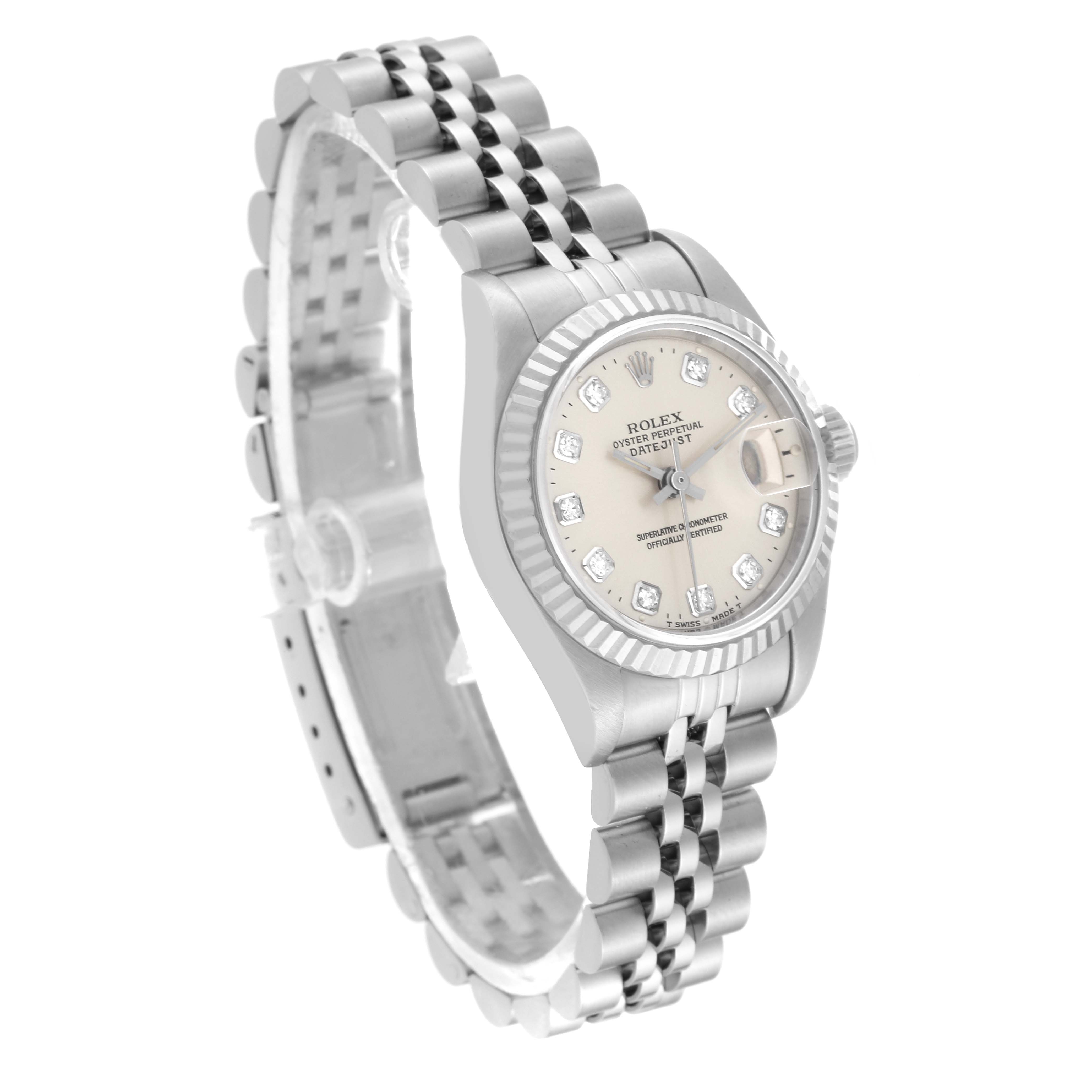 This angled view of the Rolex Datejust 69174G Women's Stainless Steel Silver Dial 69174G Women's Stainless Steel Silver Dial watch showcases its face, bracelet, bezel, and crown.