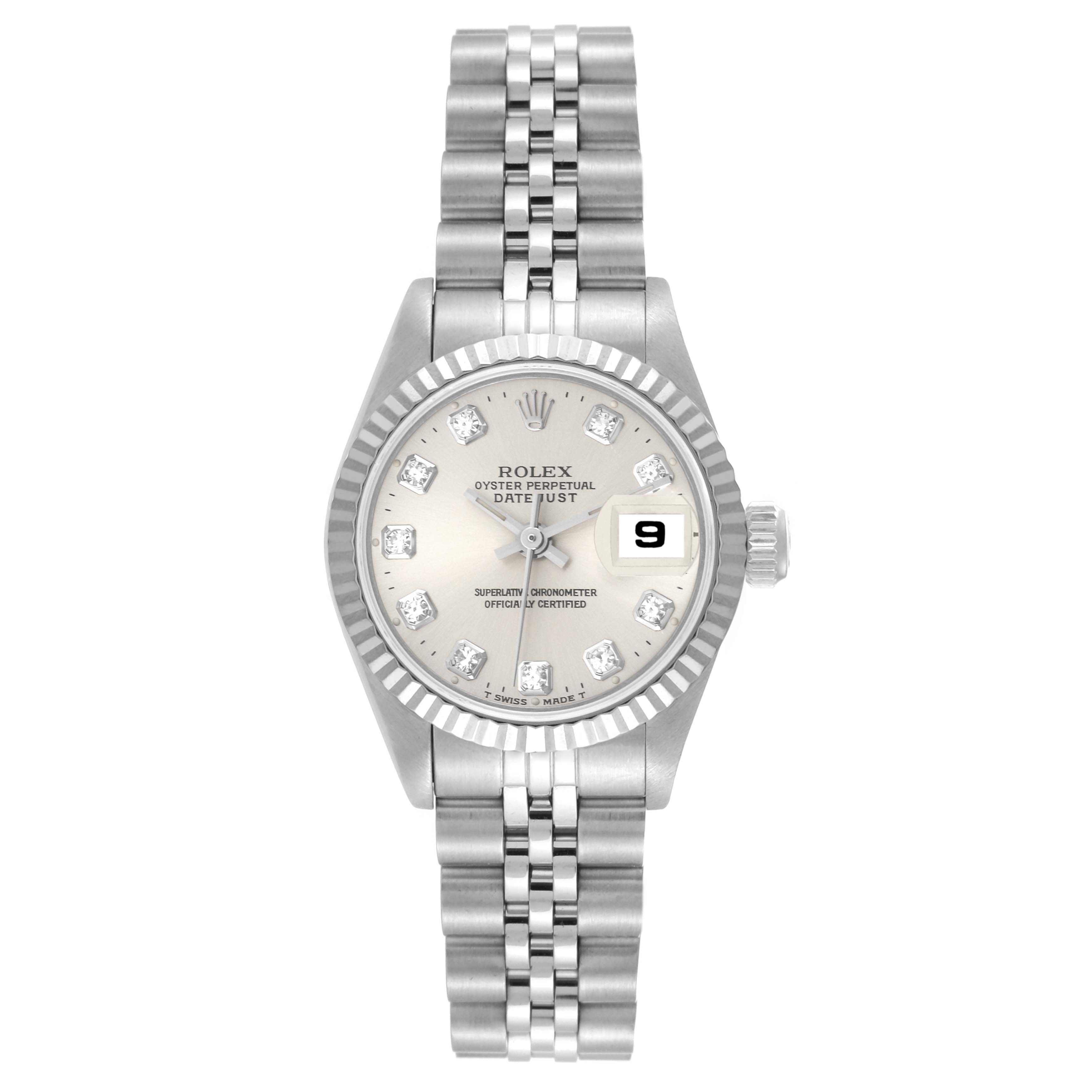 This image shows a front-facing view of the Rolex Datejust 69174G Women's Stainless Steel Silver Dial 69174G Women's Stainless Steel Silver Dial watch, featuring its dial, bezel, case, and bracelet.