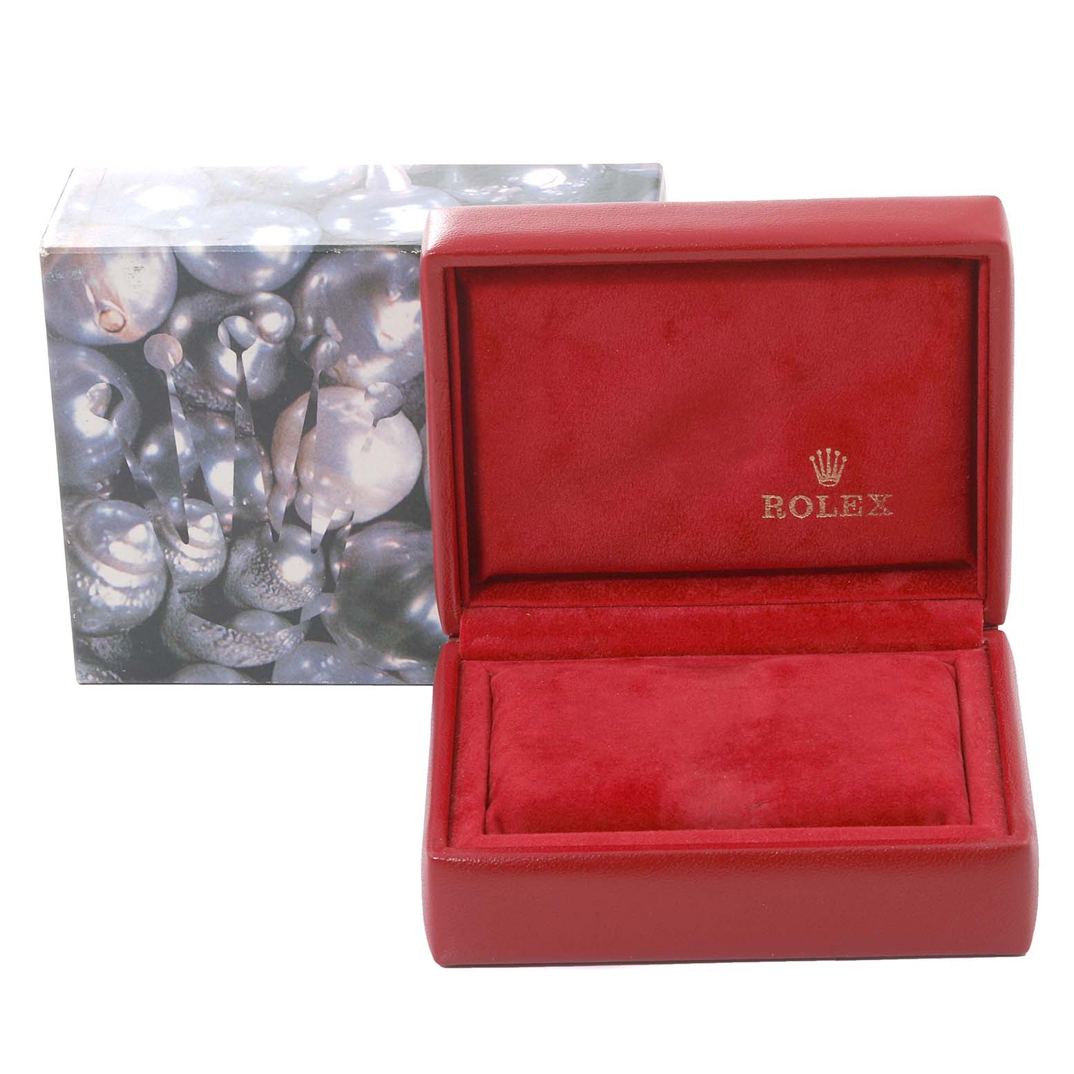 The image shows an open red Rolex watch box for the Datejust model, with the exterior packaging visible in the background.