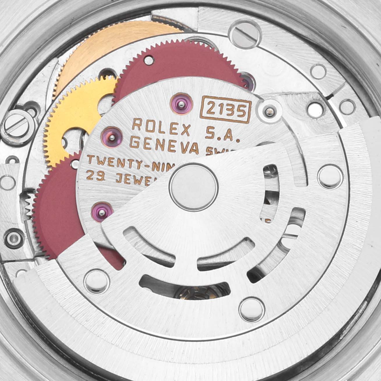 The image shows the intricate movement and inner mechanisms of a Rolex Datejust 69174G Women's Stainless Steel Silver Dial 69174G Women's Stainless Steel Silver Dial model watch at a close-up angle.