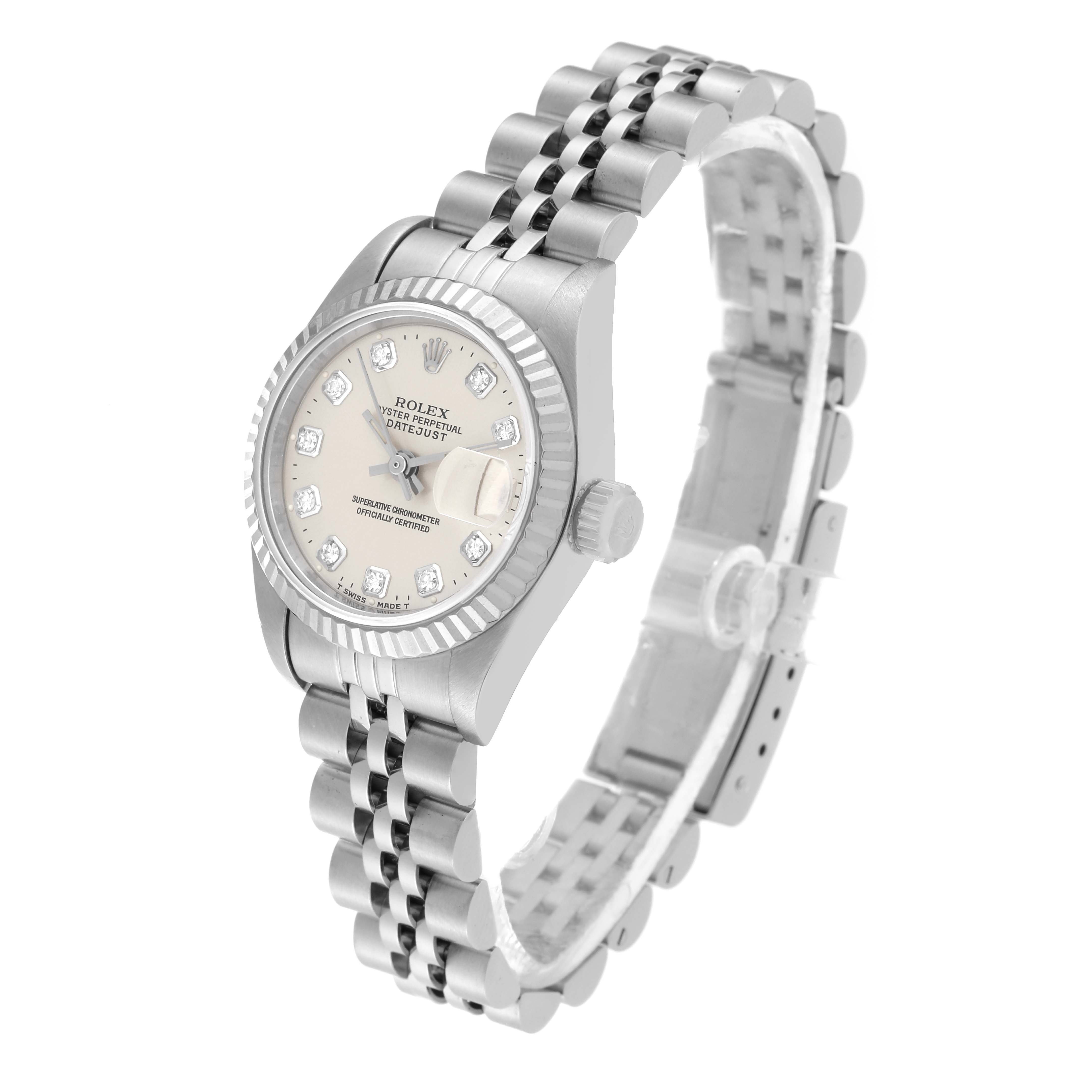 This image shows a Rolex Datejust 69174G Women's Stainless Steel Silver Dial 69174G Women's Stainless Steel Silver Dial watch at a slight angle, highlighting the dial, bezel, crown, and bracelet.