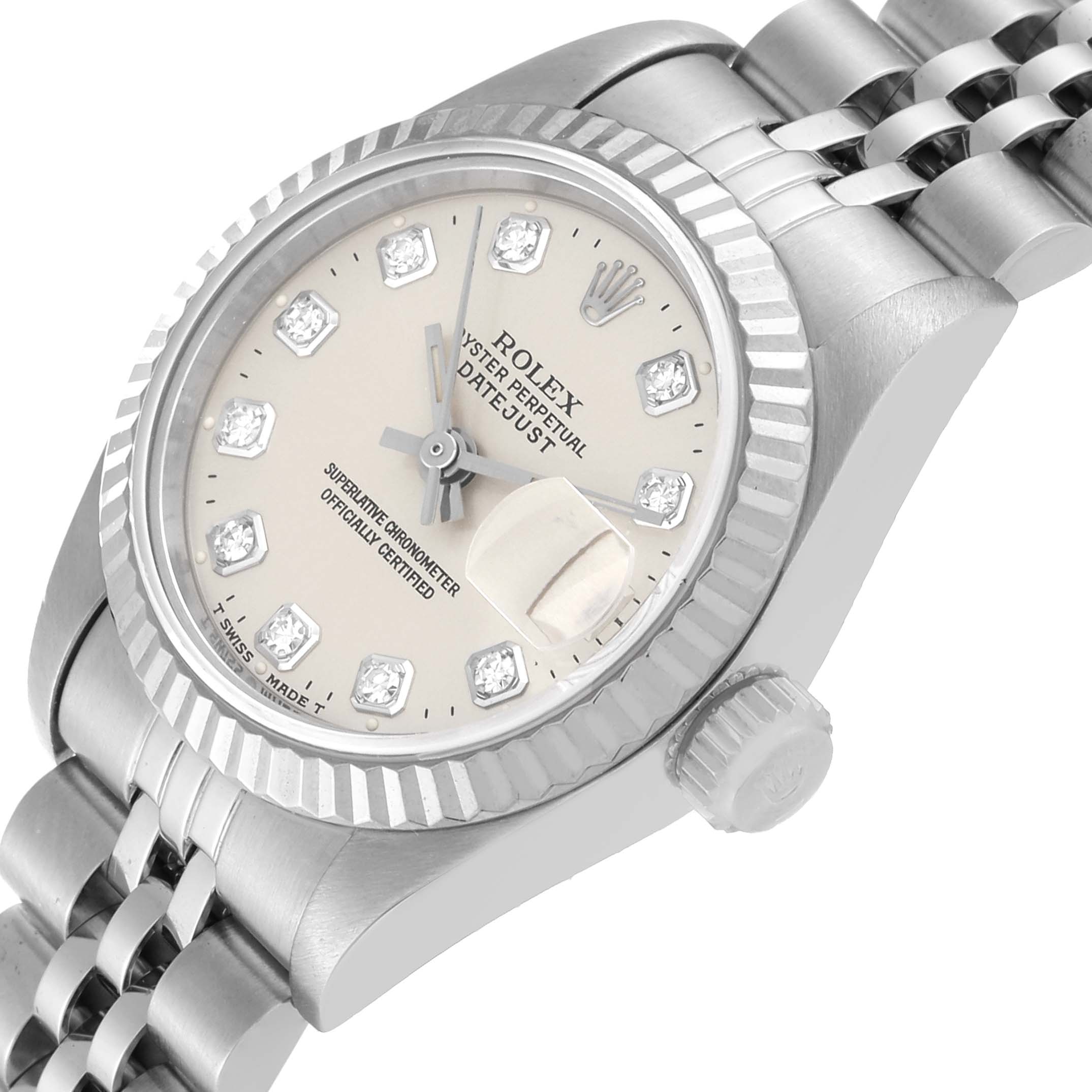 The image shows a close-up angle of a Rolex Datejust 69174G Women's Stainless Steel Silver Dial 69174G Women's Stainless Steel Silver Dial watch focusing on the dial, bezel, crown, and part of the bracelet.