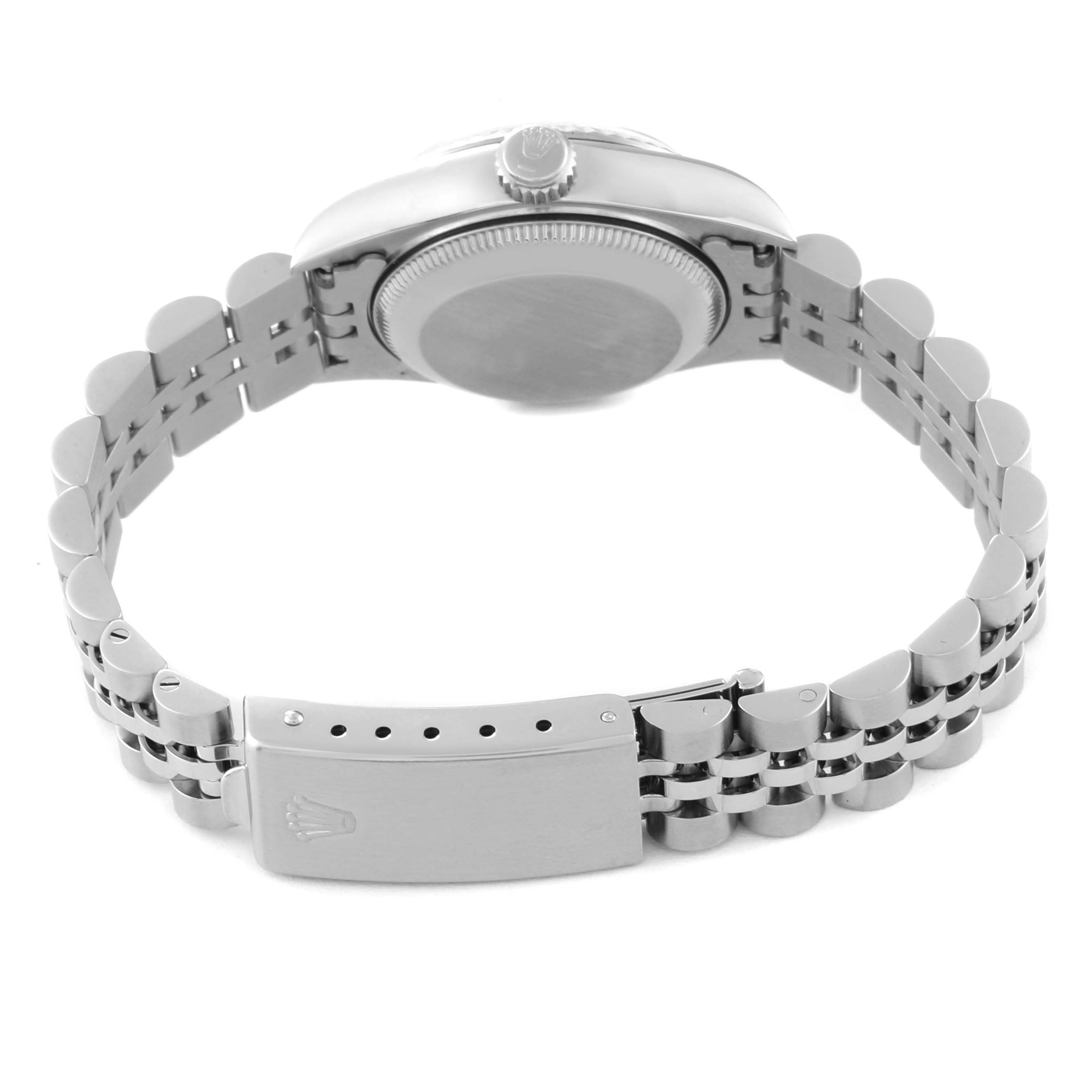 This image shows the back view of a Rolex Datejust 69174G Women's Stainless Steel Silver Dial 69174G Women's Stainless Steel Silver Dial watch, highlighting the bracelet and clasp.