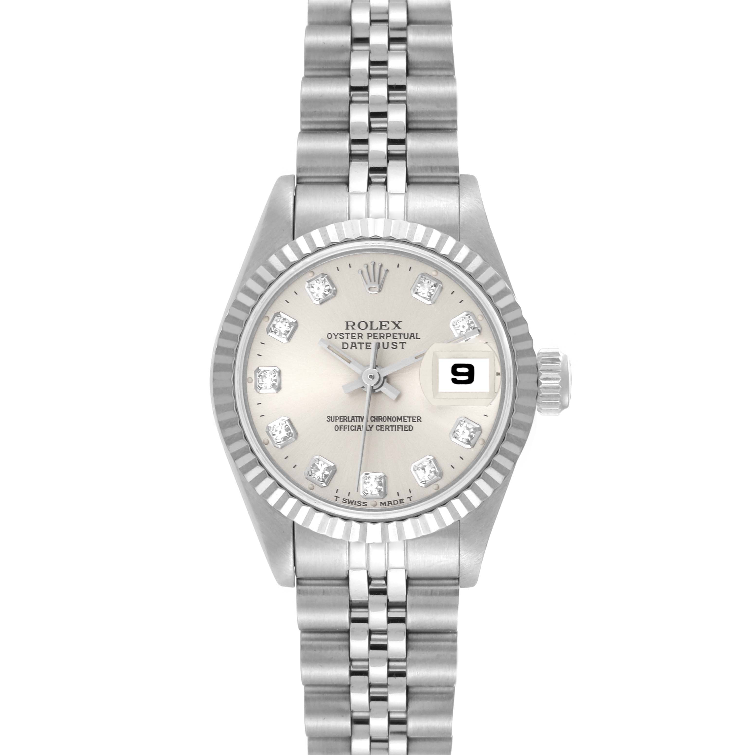This image shows a front view of the Rolex Datejust 69174G Women's Stainless Steel Silver Dial 69174G Women's Stainless Steel Silver Dial watch, highlighting its dial, bezel, bracelet, and date display.