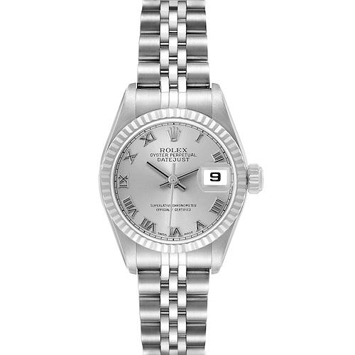 The Rolex Datejust 79174 Women's Stainless Steel Silver Dial watch is shown from a front angle, highlighting the dial, bezel, and bracelet.