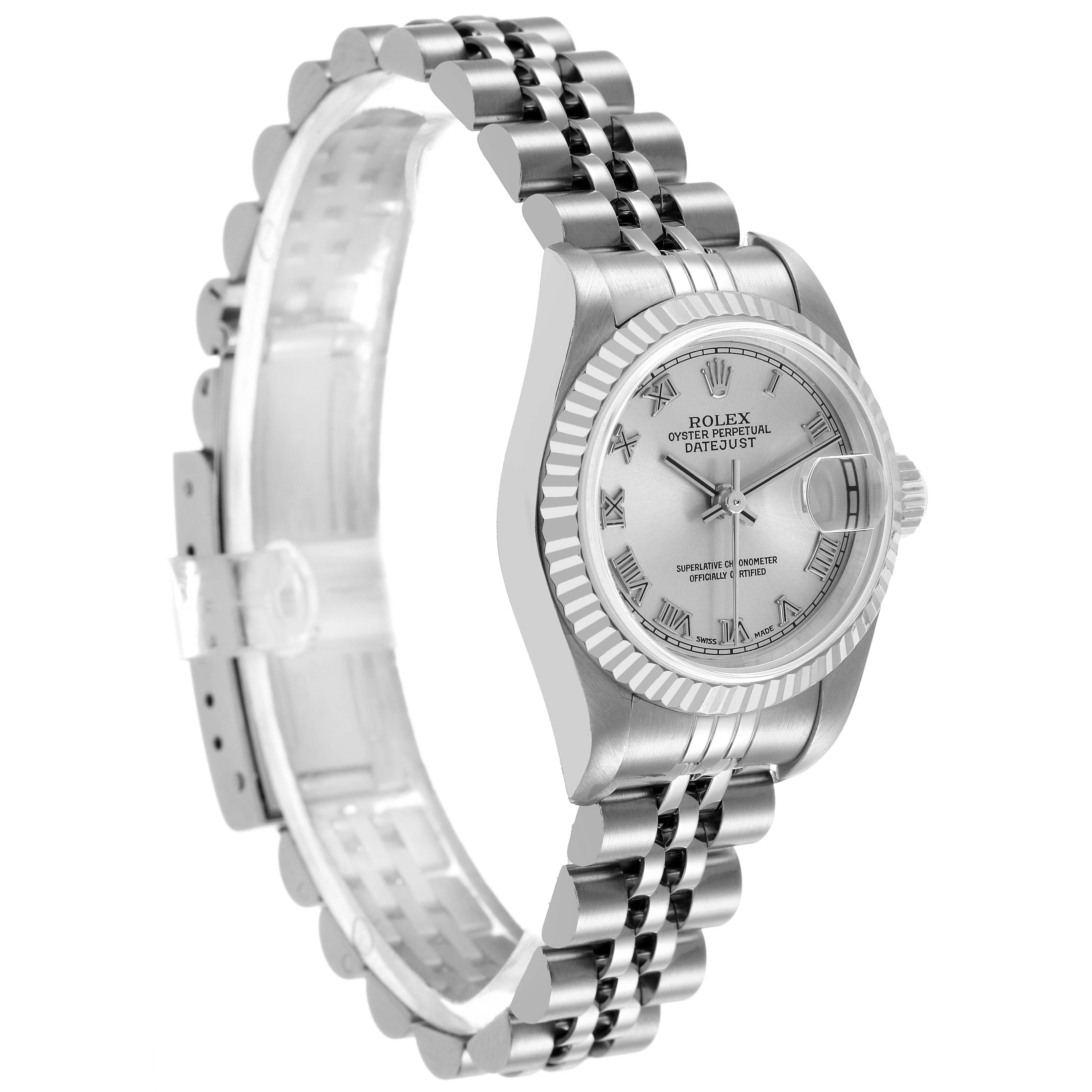 The Rolex Datejust 79174 Women's Stainless Steel Silver Dial watch is shown at an angled side view, highlighting the fluted bezel, dial, bracelet, and clasp.
