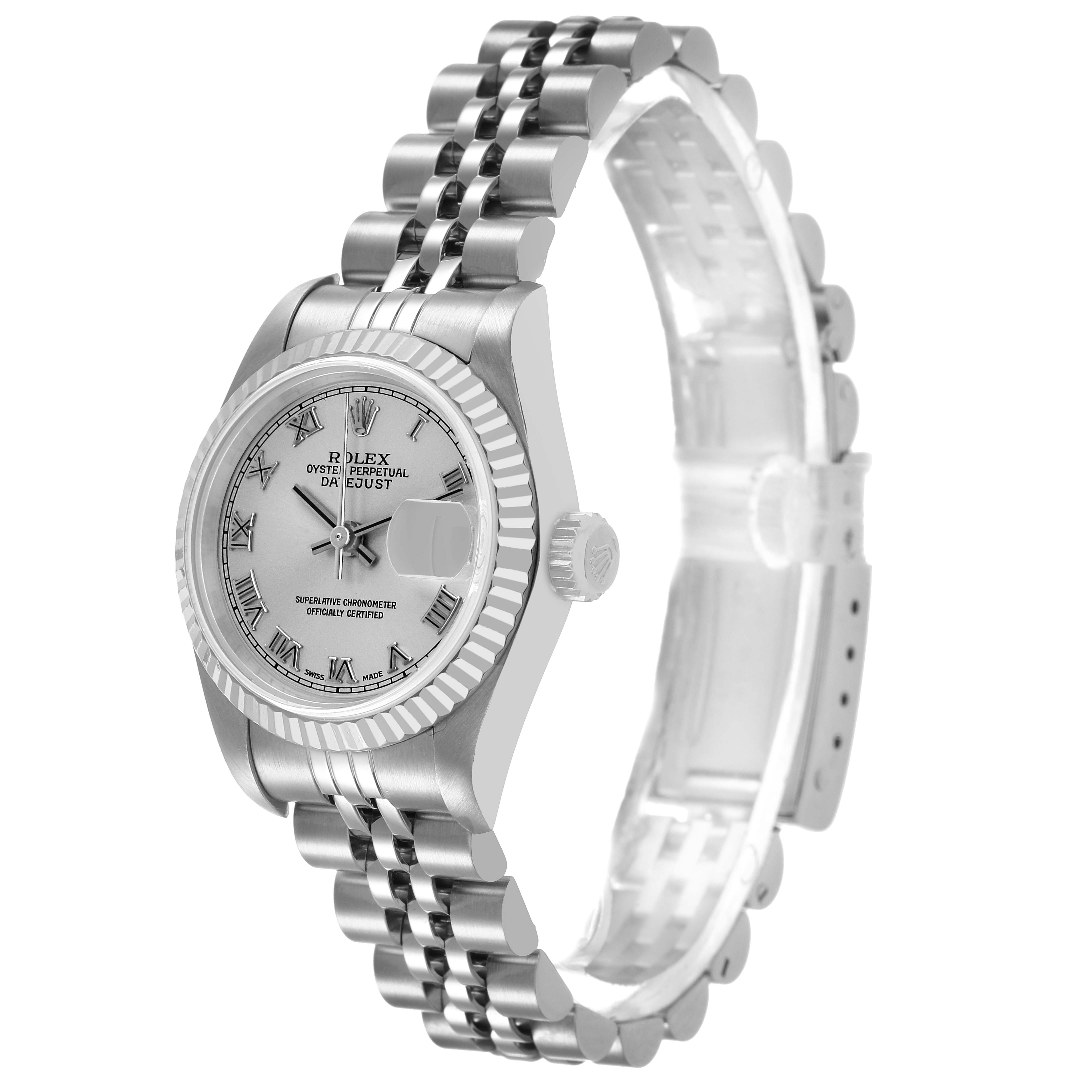 The Rolex Datejust 79174 Women's Stainless Steel Silver Dial watch is shown at a three-quarter angle, highlighting the dial, bezel, and bracelet.