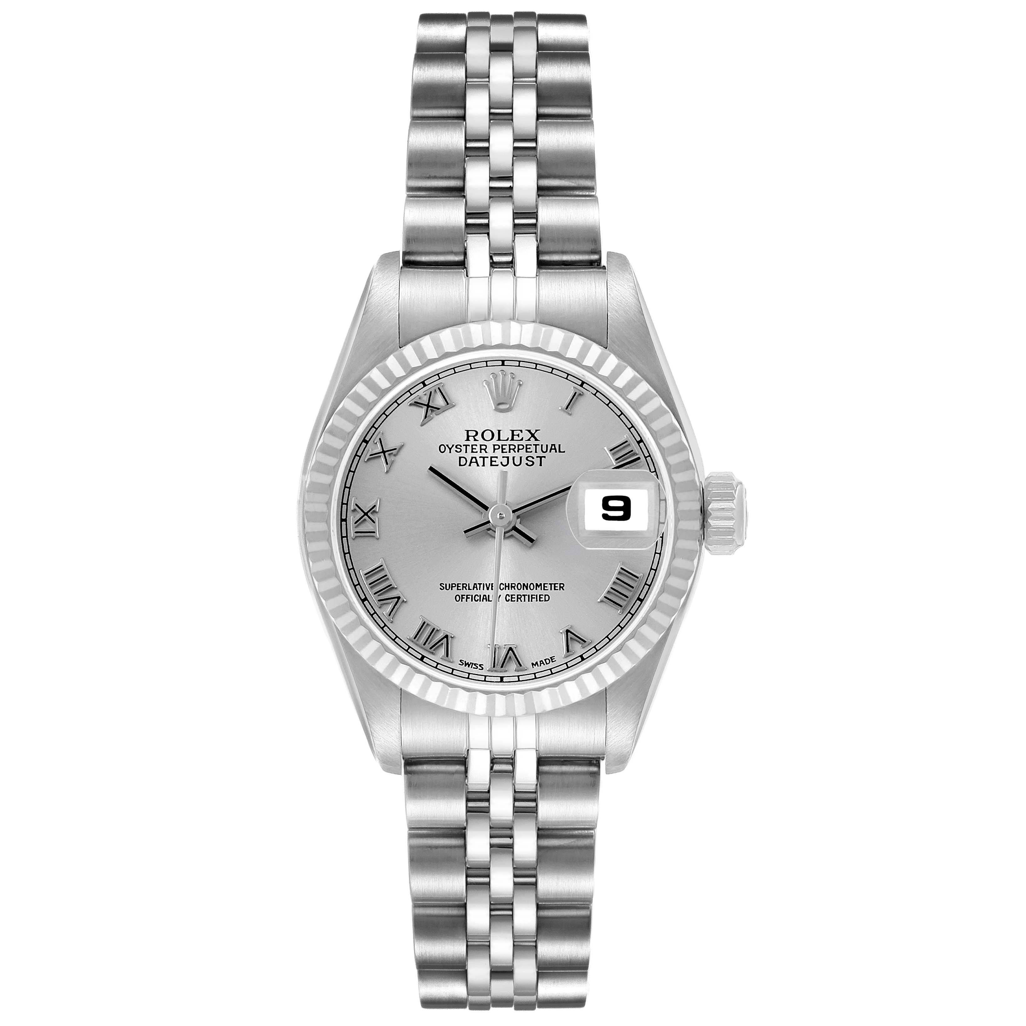 The Rolex Datejust 79174 Women's Stainless Steel Silver Dial watch is shown from a top-down angle, highlighting the dial, bezel, bracelet, and date window.