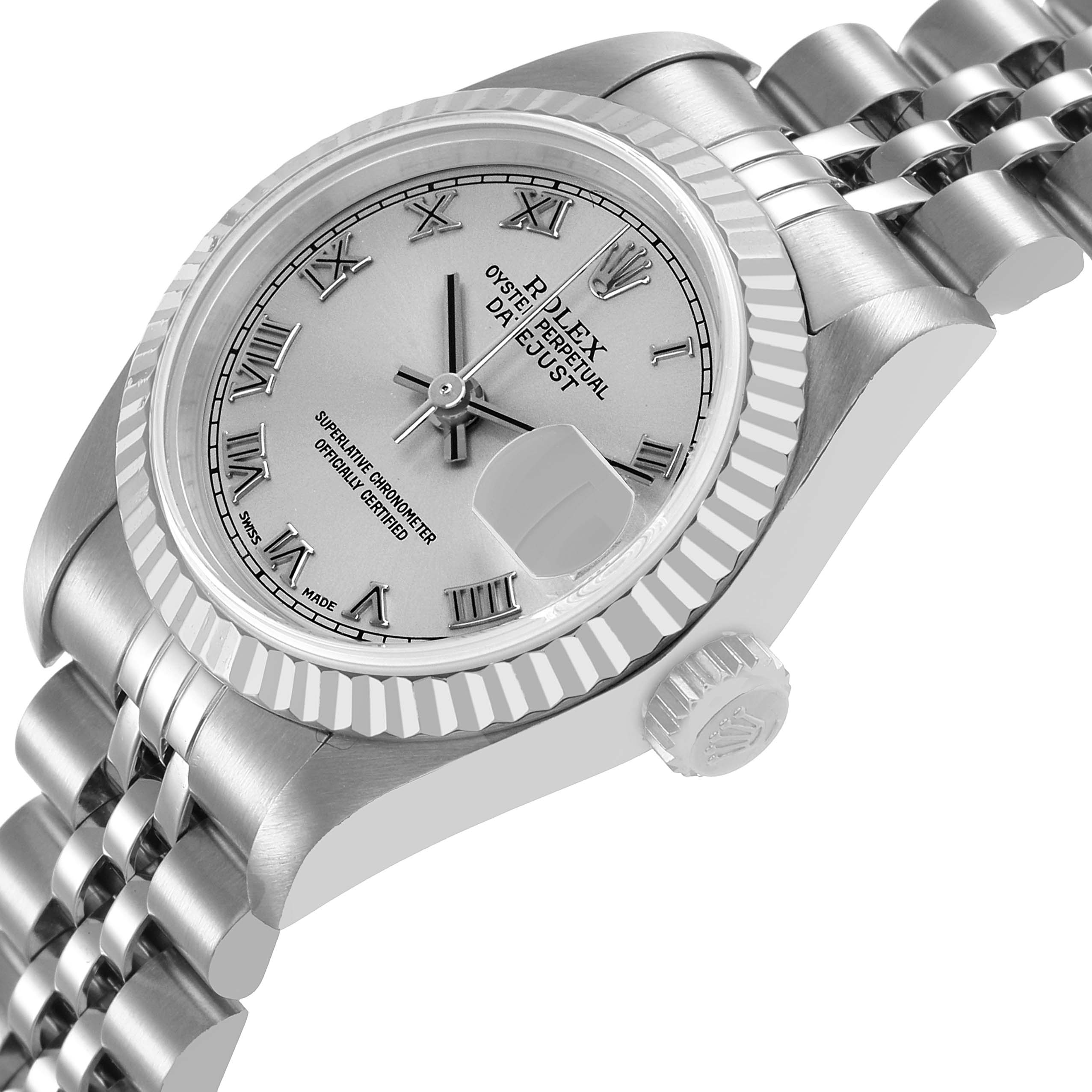 The image shows a side view of the Rolex Datejust 79174 Women's Stainless Steel Silver Dial, highlighting its face, bezel, crown, and bracelet.
