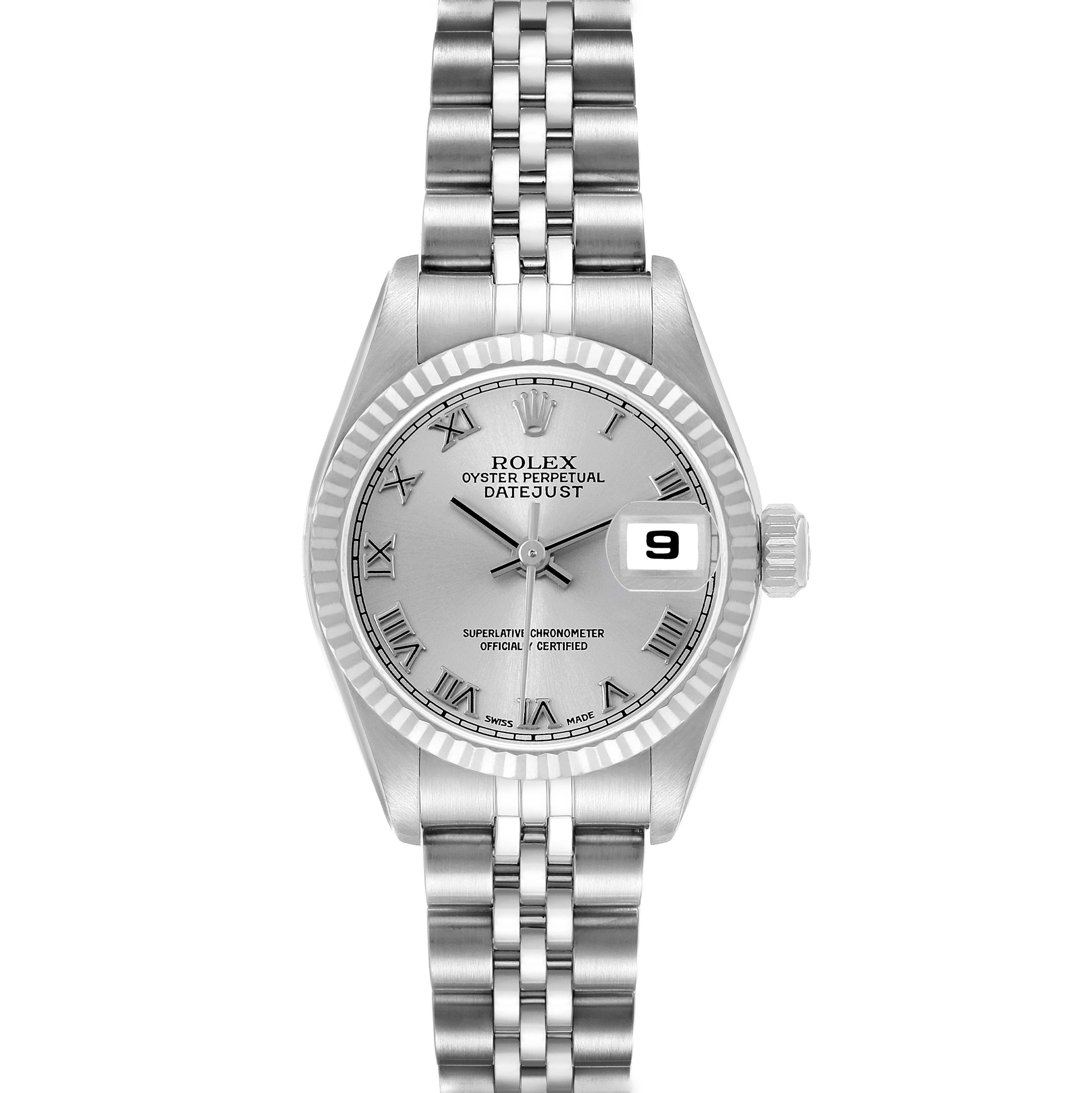The Rolex Datejust 79174 Women's Stainless Steel Silver Dial watch is shown from a front angle, displaying the dial, fluted bezel, and Jubilee bracelet.