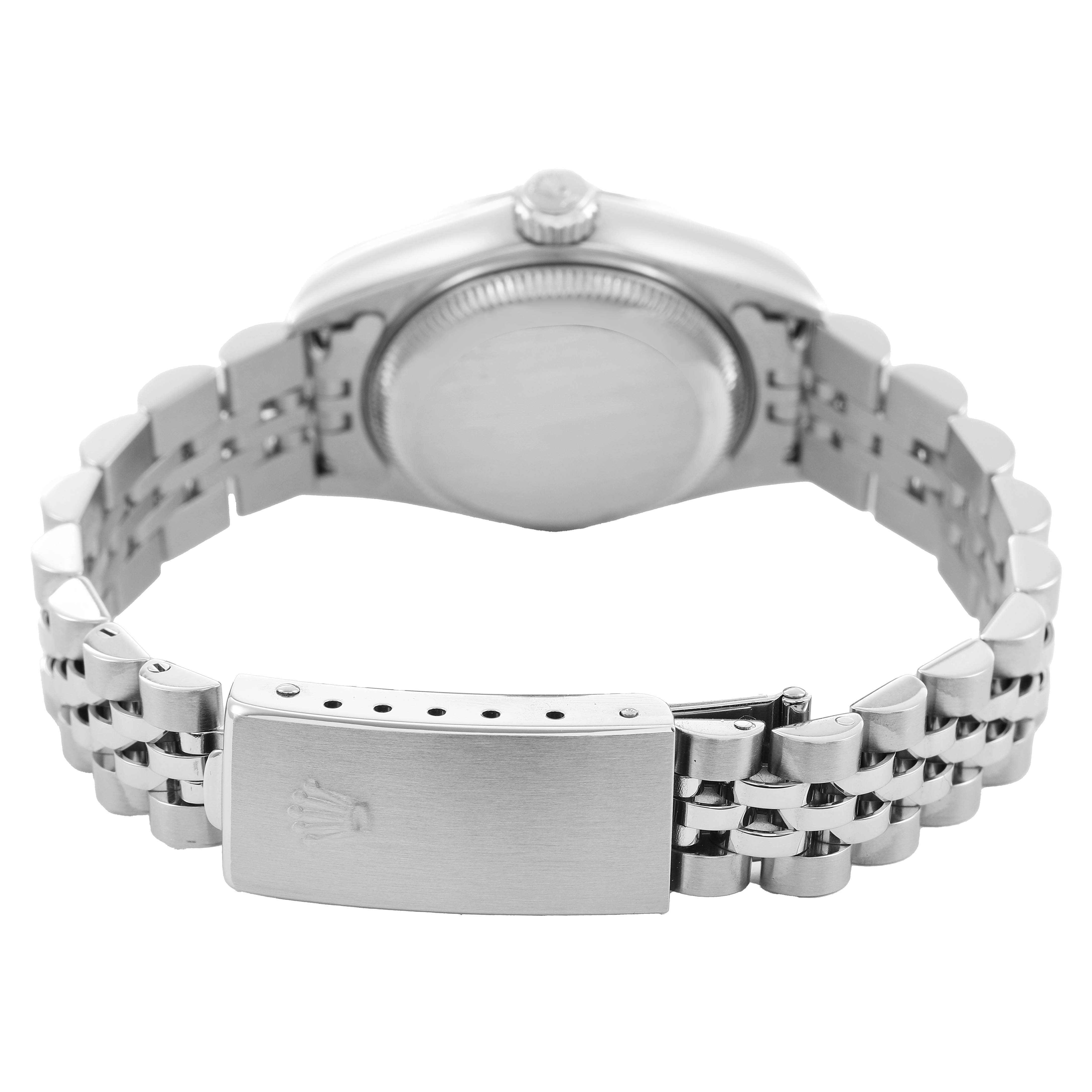 The image shows the back of the Rolex Datejust 79174 Women's Stainless Steel Silver Dial watch and its band with the clasp open.