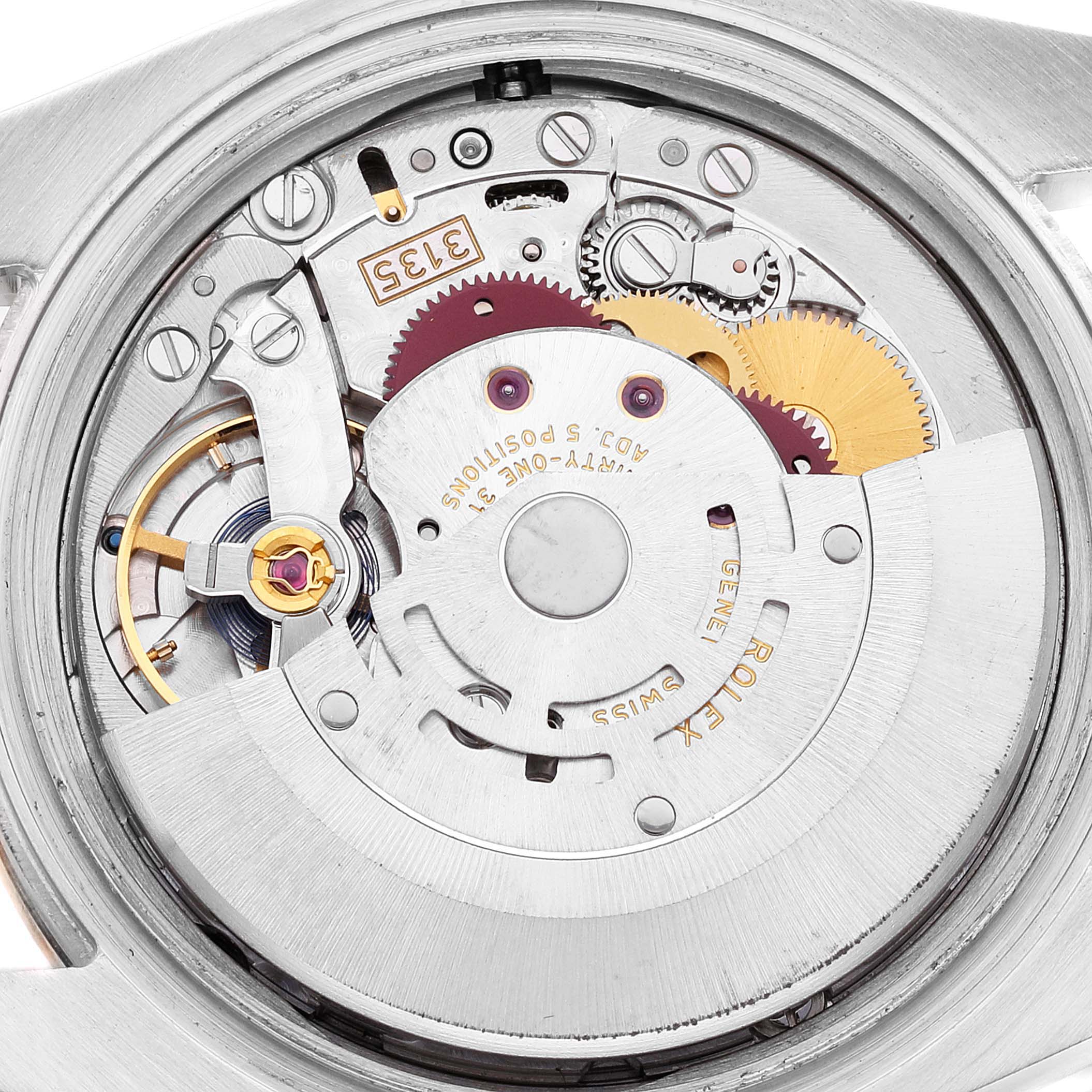 This image shows the internal mechanisms, including gears and components, of a Rolex Datejust 116243 Men's Steel and Gold (two tone) Silver Dial 116243 Men's Steel and Gold (two tone) Silver Dial watch from a close-up angle.
