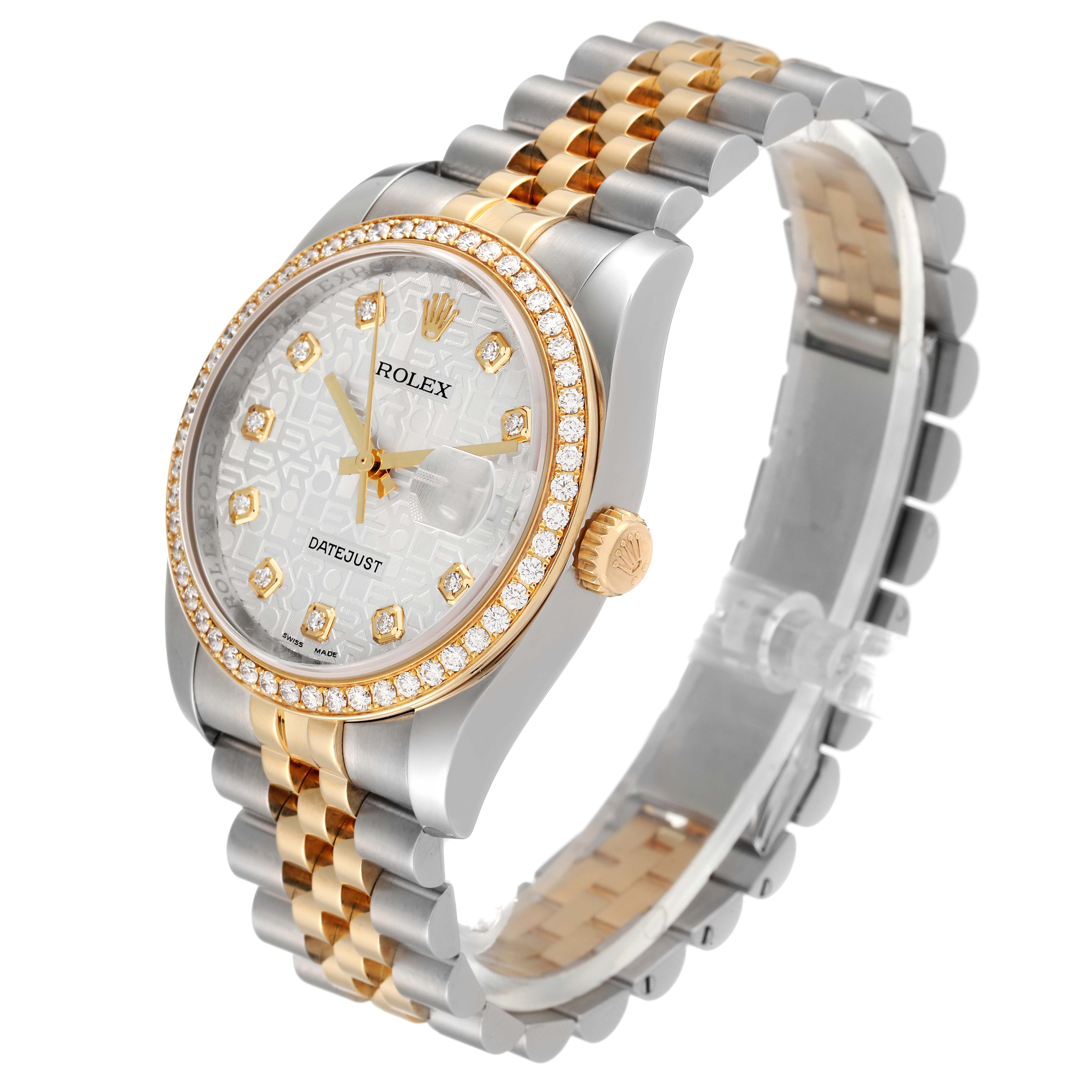 The image shows a Rolex Datejust 116243 Men's Steel and Gold (two tone) Silver Dial 116243 Men's Steel and Gold (two tone) Silver Dial watch at an angled side view, highlighting its dial, bezel, and bracelet.
