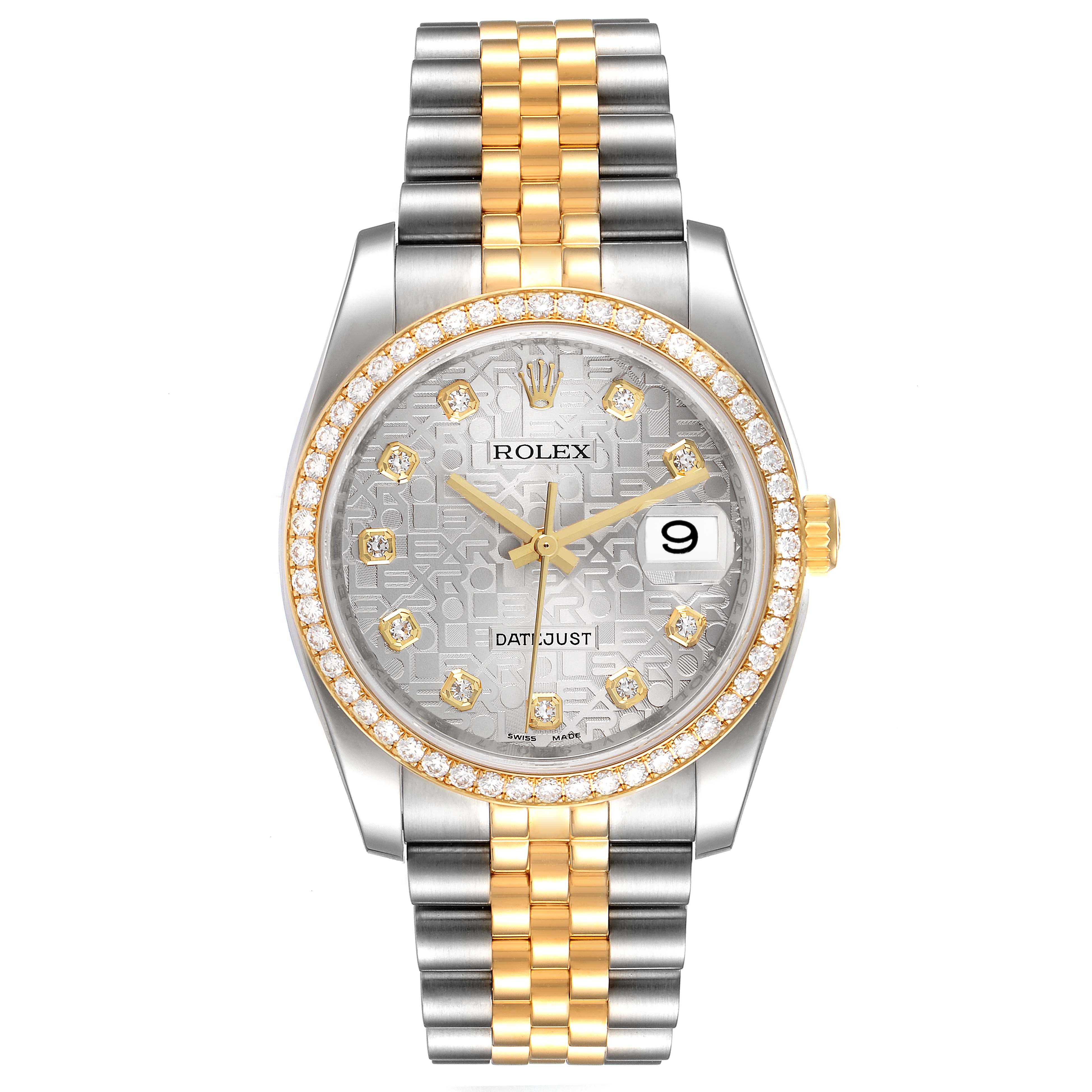 The image shows a front view of a Rolex Datejust 116243 Men's Steel and Gold (two tone) Silver Dial 116243 Men's Steel and Gold (two tone) Silver Dial watch with two-tone metal bracelet and diamond markers on the dial.