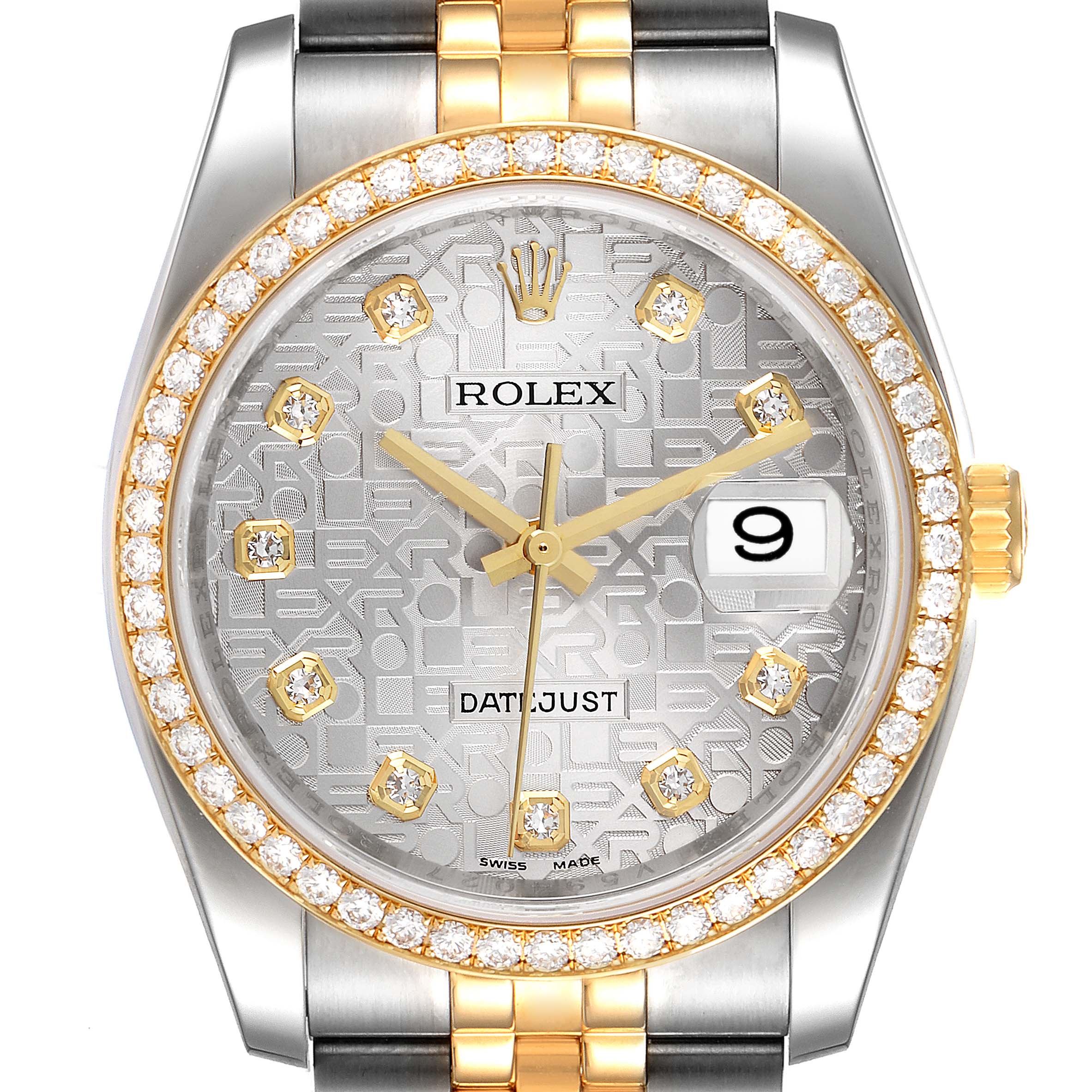 This image shows a frontal view of a Rolex Datejust 116243 Men's Steel and Gold (two tone) Silver Dial 116243 Men's Steel and Gold (two tone) Silver Dial watch highlighting its face, bezel with diamonds, and part of the two-tone bracelet.