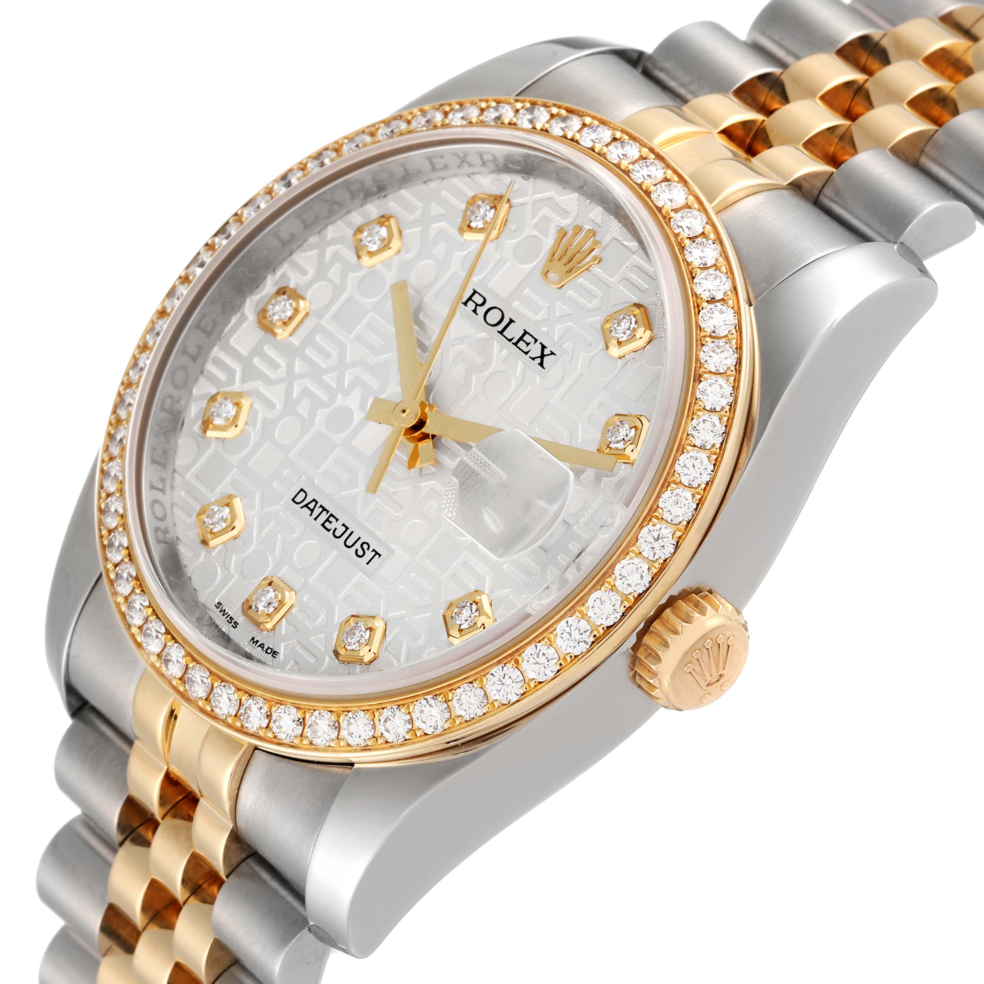 The Rolex Datejust 116243 Men's Steel and Gold (two tone) Silver Dial 116243 Men's Steel and Gold (two tone) Silver Dial watch is shown at an angled side view, highlighting its dial, bezel, and bracelet.