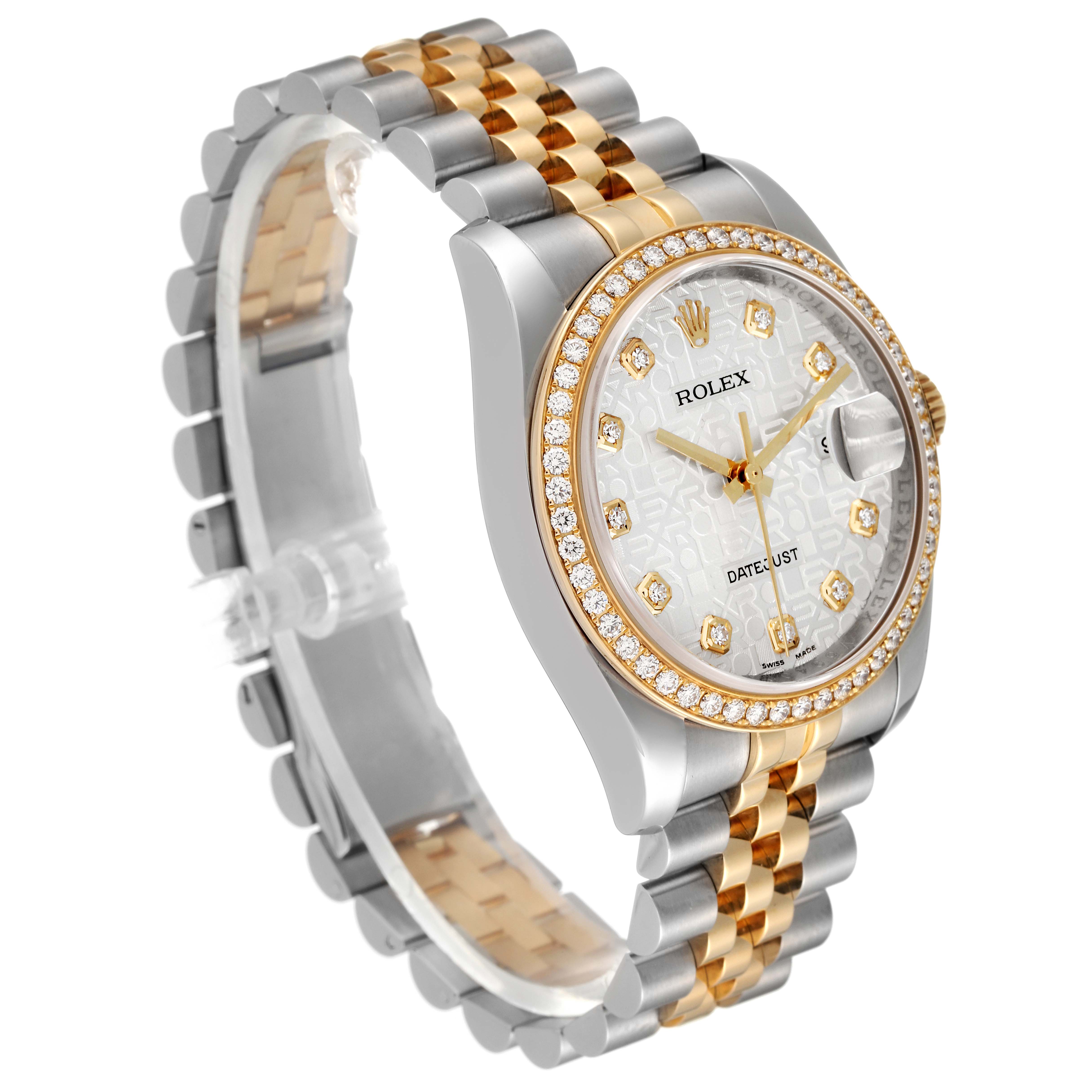 This image shows a Rolex Datejust 116243 Men's Steel and Gold (two tone) Silver Dial 116243 Men's Steel and Gold (two tone) Silver Dial watch at an angle, highlighting its bezel, dial, and two-tone bracelet.