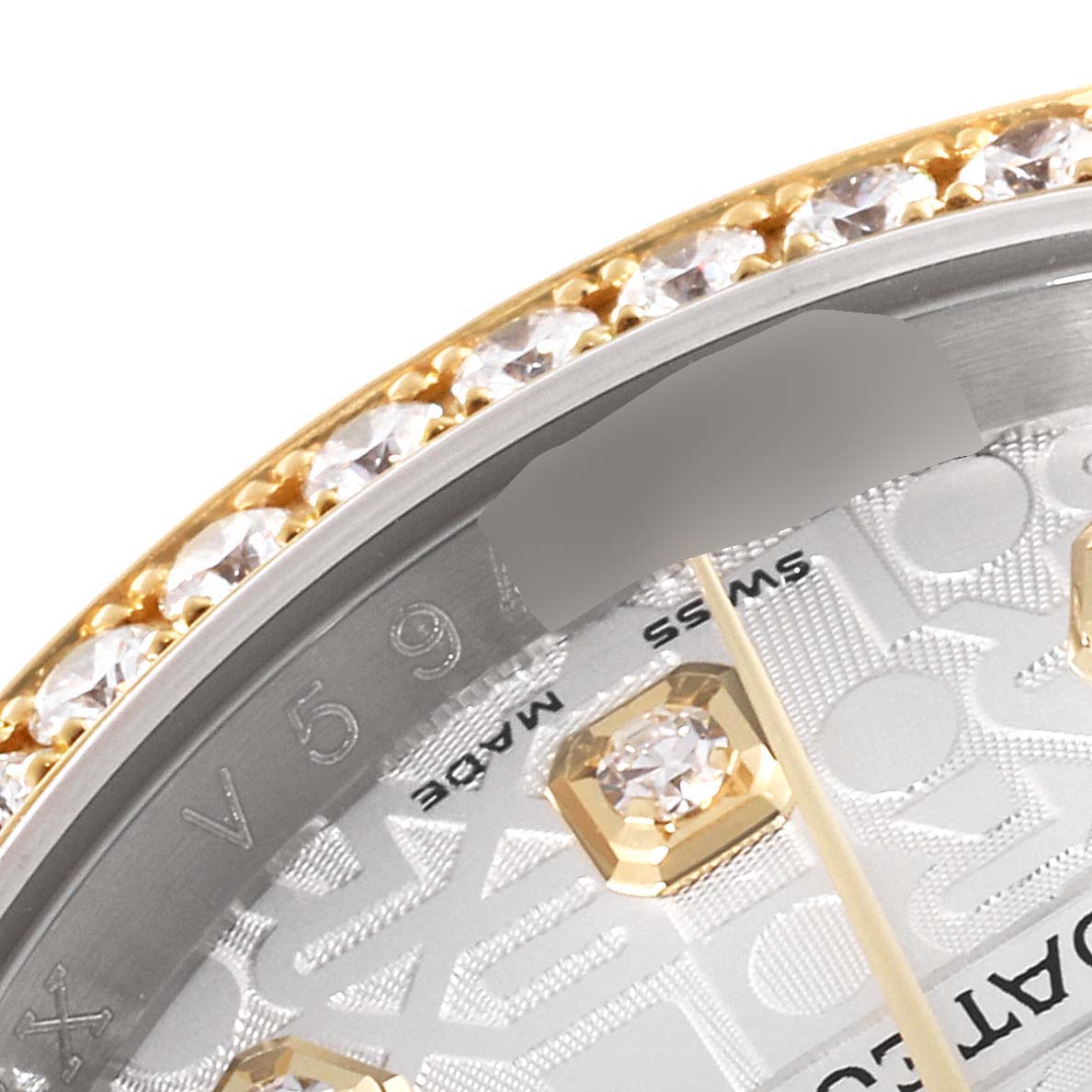 The image shows a detailed close-up of the dial and diamond-set bezel of a Rolex Datejust 116243 Men's Steel and Gold (two tone) Silver Dial 116243 Men's Steel and Gold (two tone) Silver Dial watch.