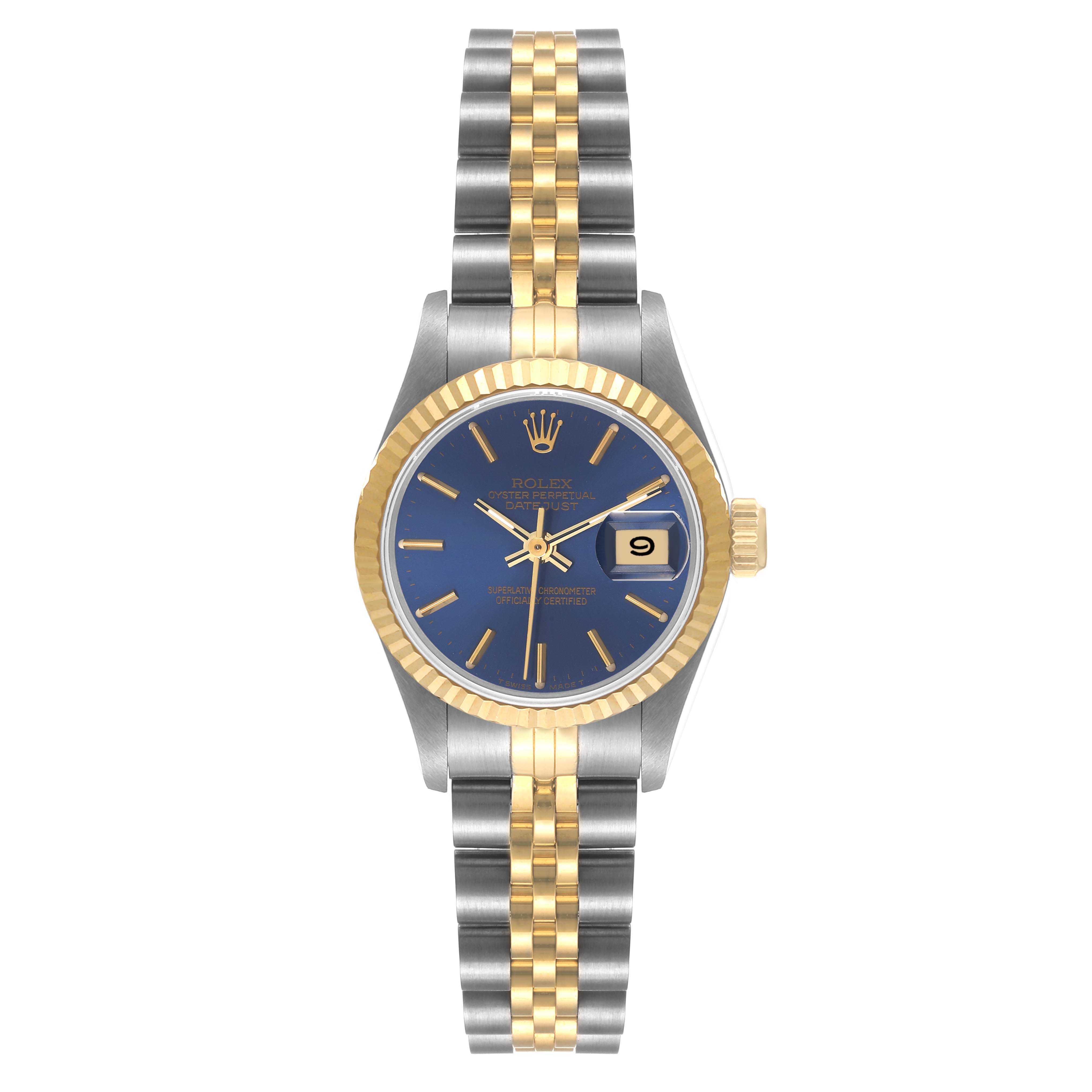 The image shows a front view of the Rolex Datejust 69173 Women's Steel and Gold (two tone) Blue Dial 69173 Women's Steel and Gold (two tone) Blue Dial watch, featuring a blue dial, gold accents, and a two-tone bracelet.