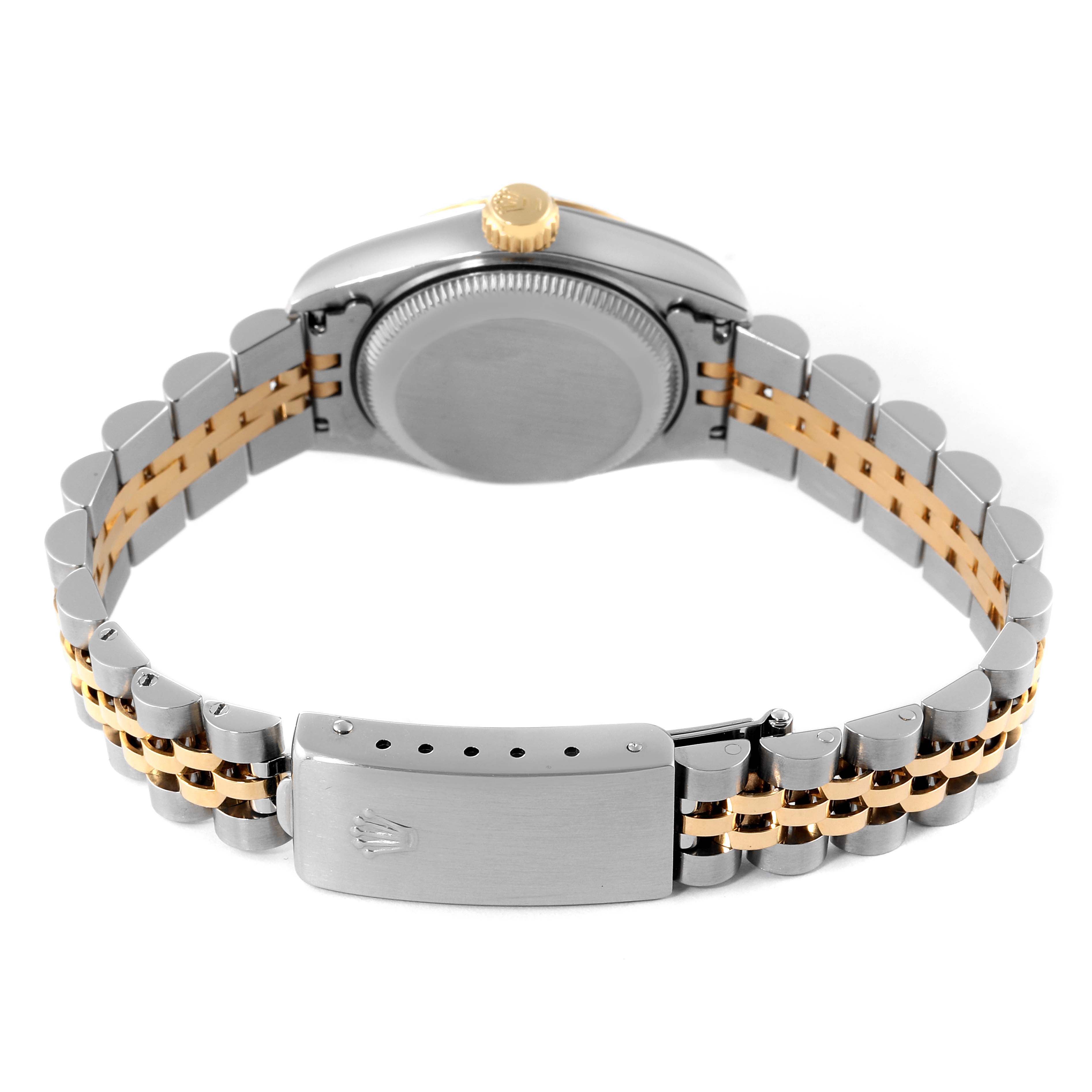 The image shows the back and bracelet of the Rolex Datejust 69173 Women's Steel and Gold (two tone) Blue Dial 69173 Women's Steel and Gold (two tone) Blue Dial watch, highlighting its two-tone metal and clasp.