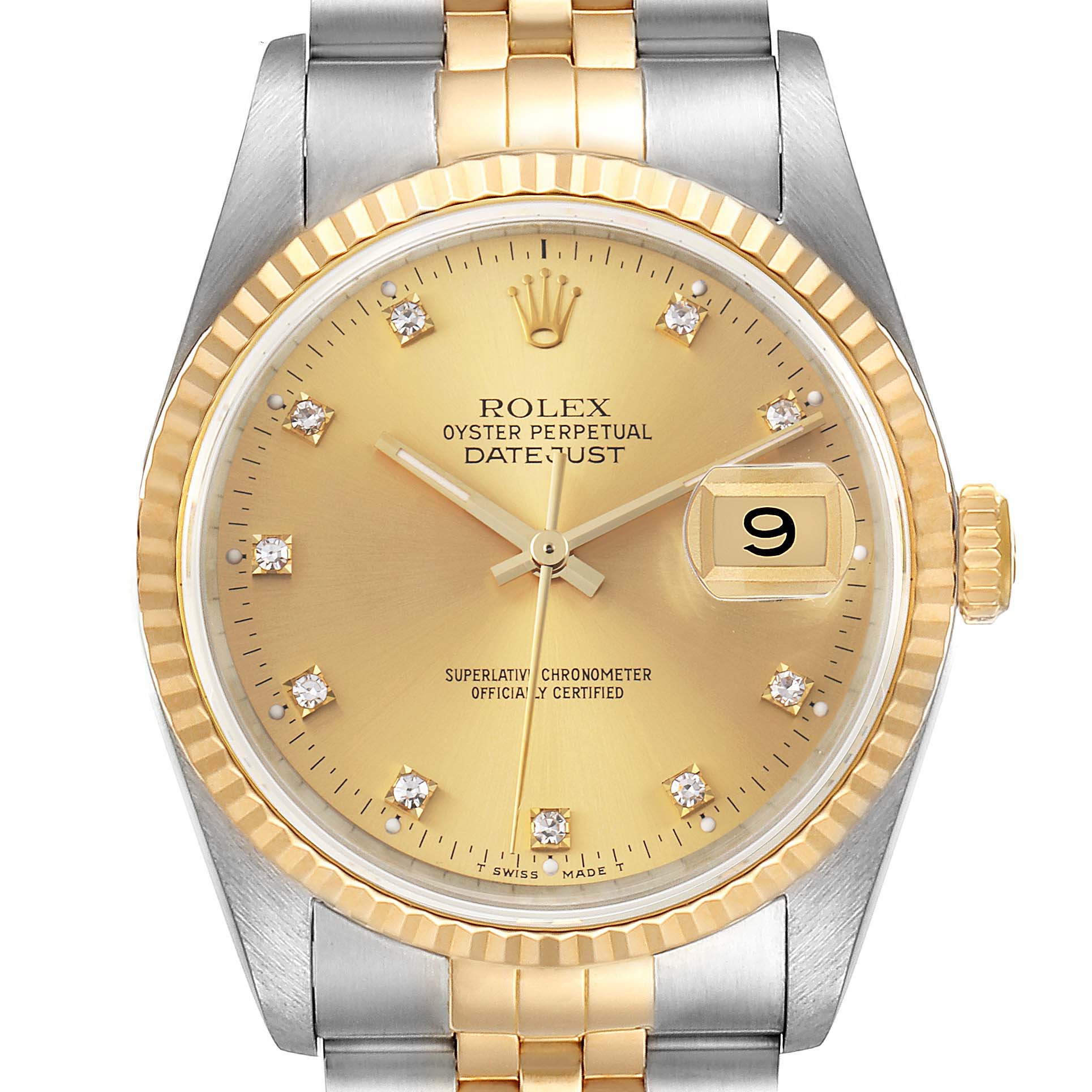 The image shows a front view of the Rolex Datejust 16233 Men's Steel and Gold (two tone) Champagne Dial 16233 Men's Steel and Gold (two tone) Champagne Dial watch, highlighting the dial, date window, hands, bezel, and part of the bracelet.