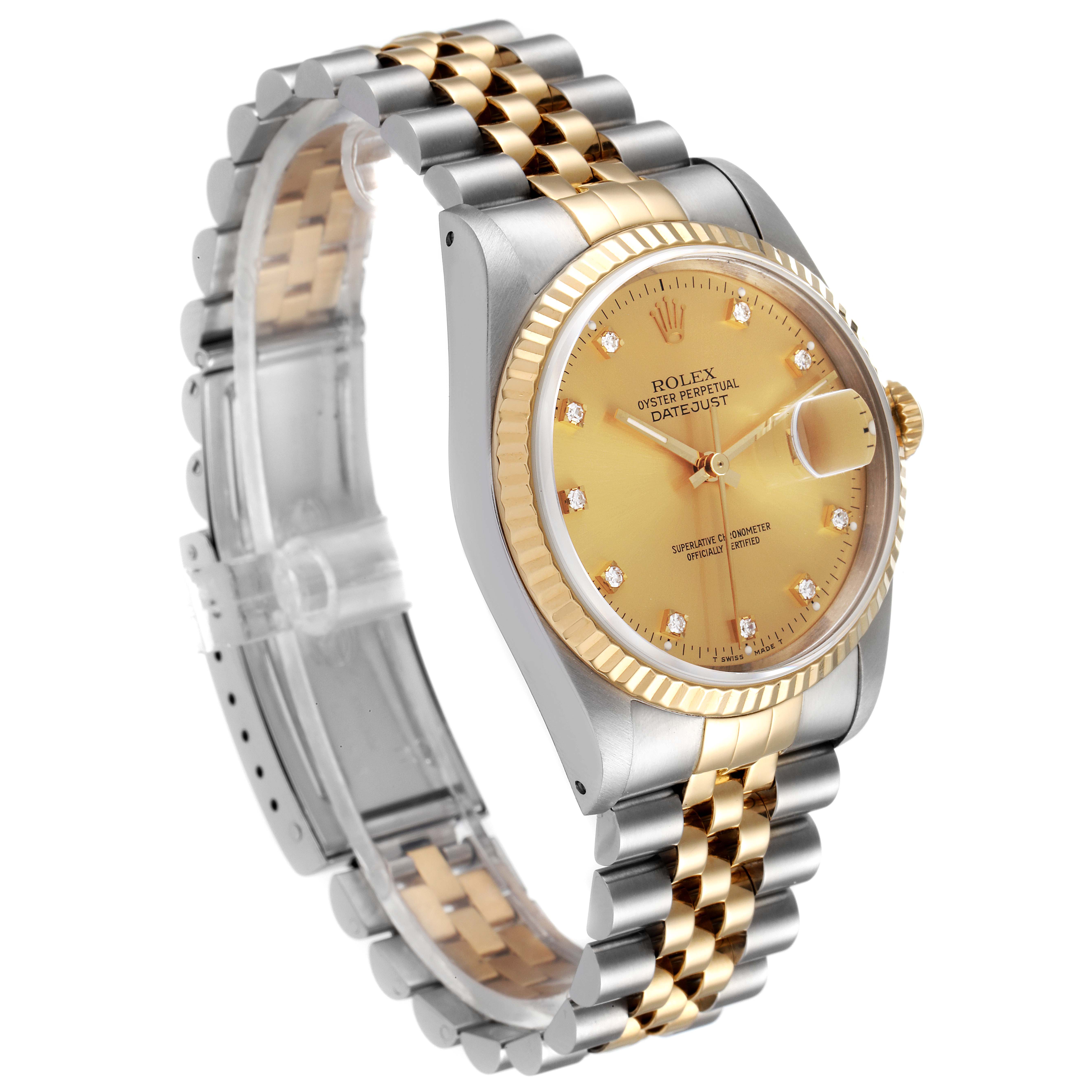 The image shows a Rolex Datejust 16233 Men's Steel and Gold (two tone) Champagne Dial 16233 Men's Steel and Gold (two tone) Champagne Dial watch at a three-quarter angle, highlighting its two-tone band, gold dial, and fluted bezel.
