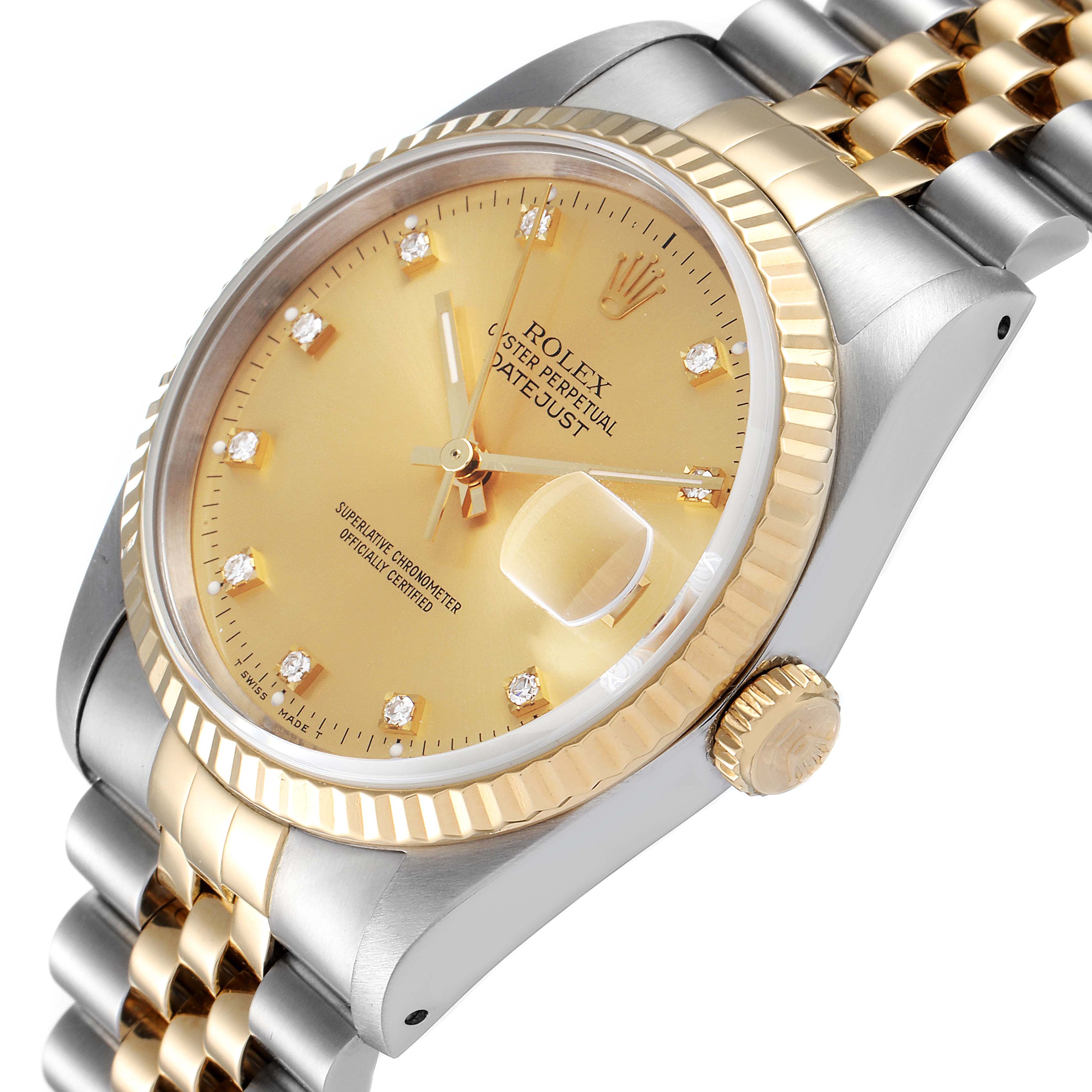 The image shows a Rolex Datejust 16233 Men's Steel and Gold (two tone) Champagne Dial 16233 Men's Steel and Gold (two tone) Champagne Dial watch at an oblique angle, highlighting its dial, bezel, crown, and part of the bracelet.