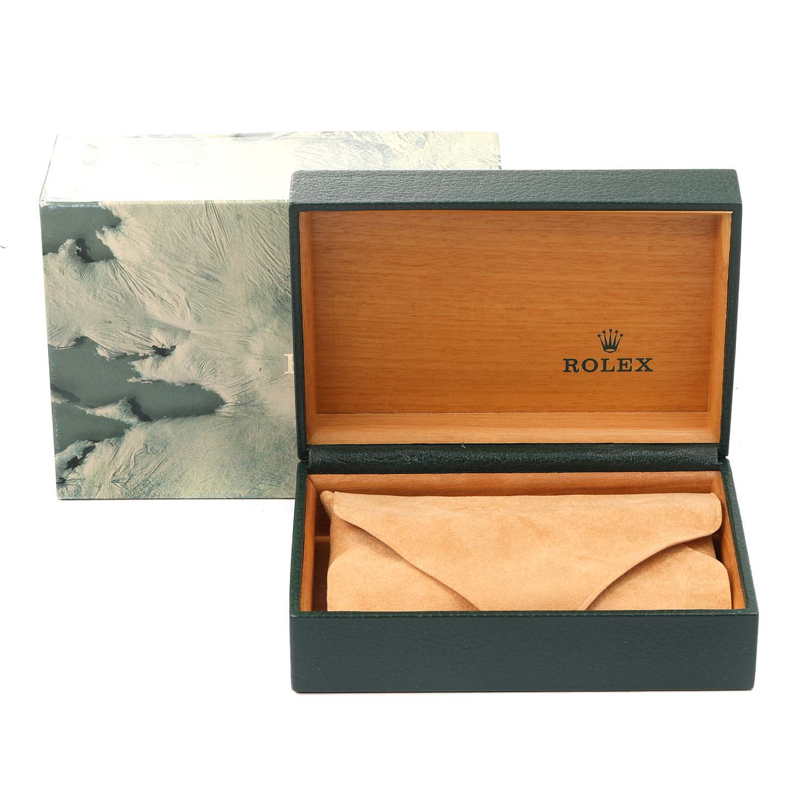 The image shows an open Rolex Datejust 16233 Men's Steel and Gold (two tone) Champagne Dial 16233 Men's Steel and Gold (two tone) Champagne Dial watch box with an outer box and cushioned interior.