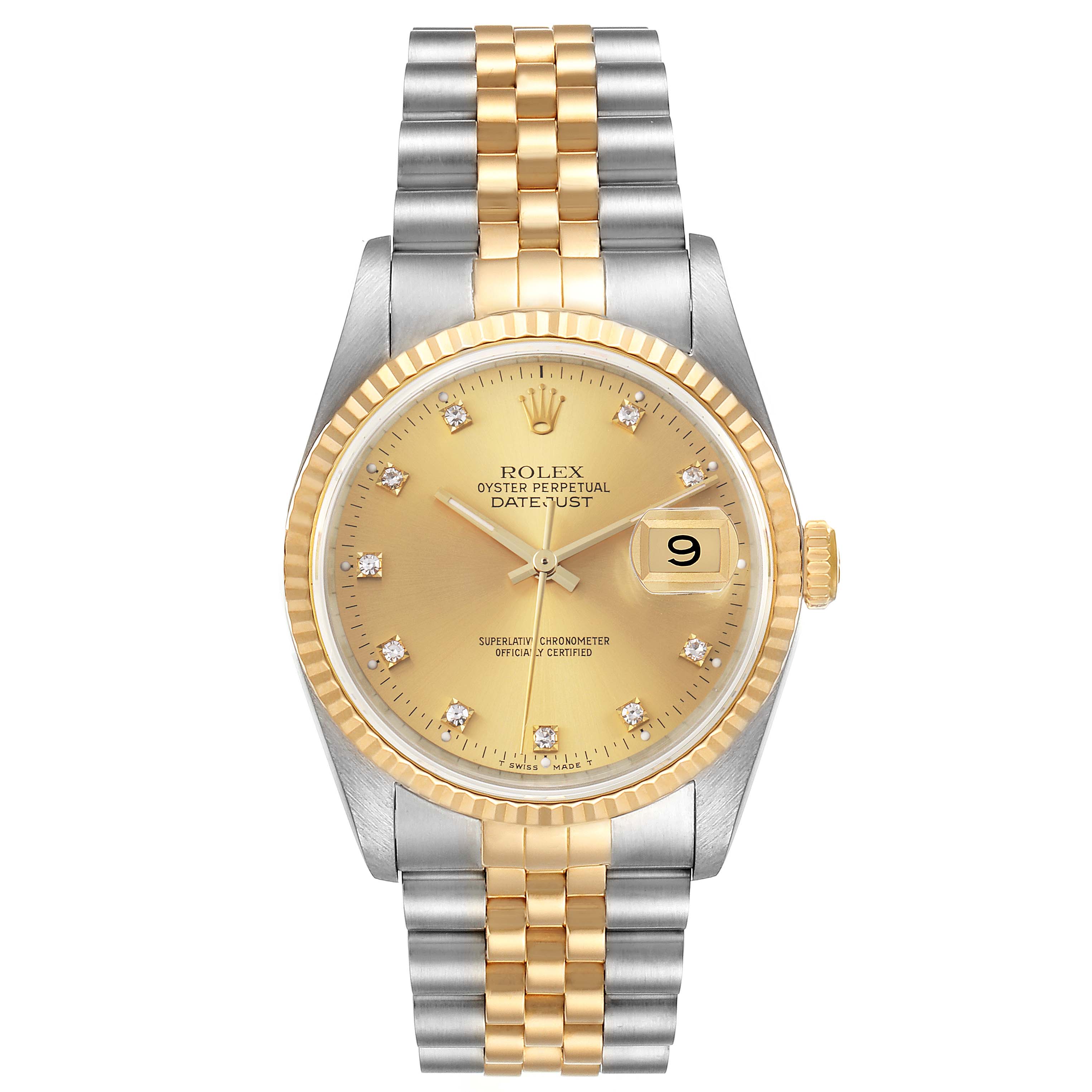 This Rolex Datejust 16233 Men's Steel and Gold (two tone) Champagne Dial 16233 Men's Steel and Gold (two tone) Champagne Dial watch is shown from a straight-on angle, displaying its gold-and-silver bracelet, champagne dial, and date window.