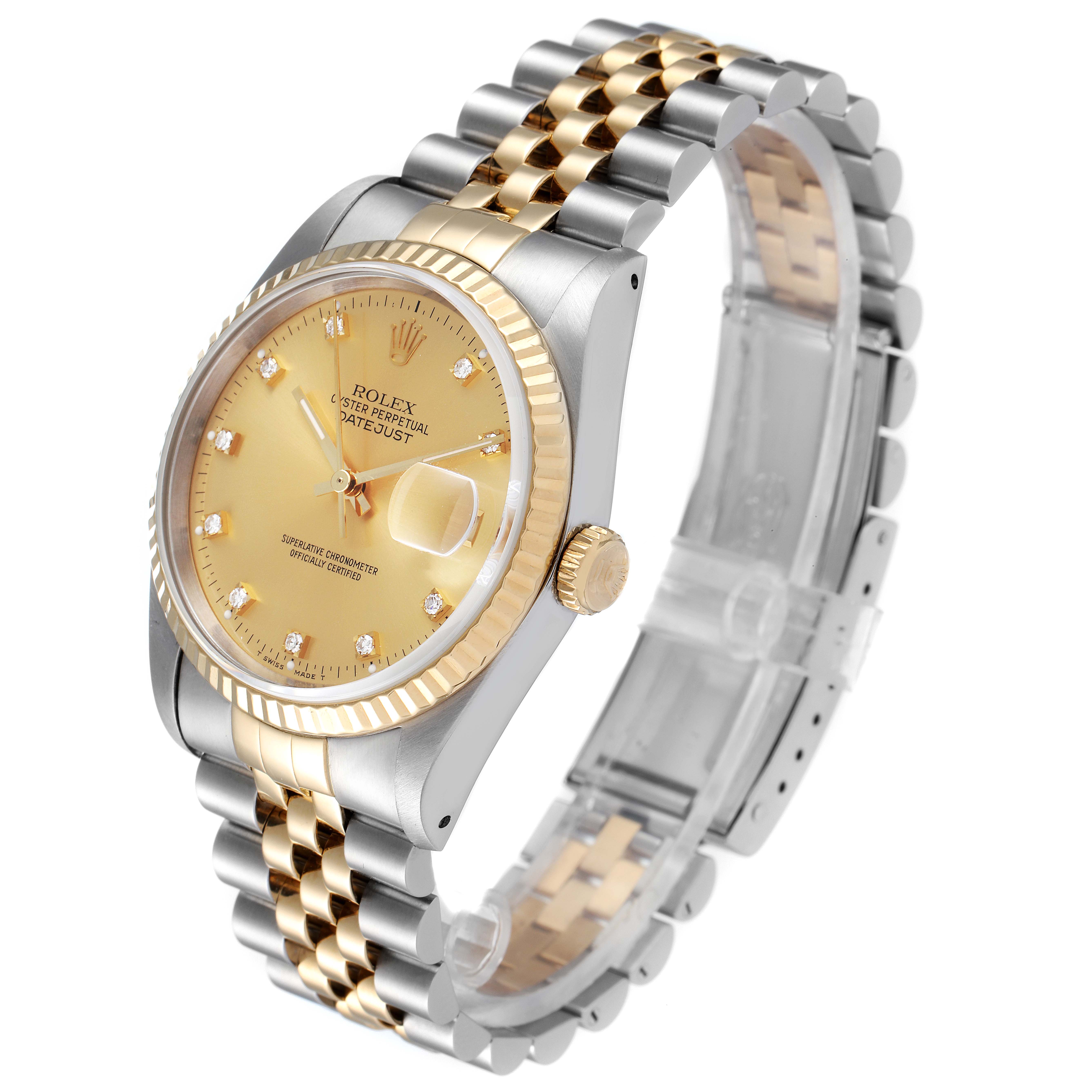The image shows a side and top angle of a Rolex Datejust 16233 Men's Steel and Gold (two tone) Champagne Dial 16233 Men's Steel and Gold (two tone) Champagne Dial watch, highlighting its two-tone bracelet and fluted bezel.
