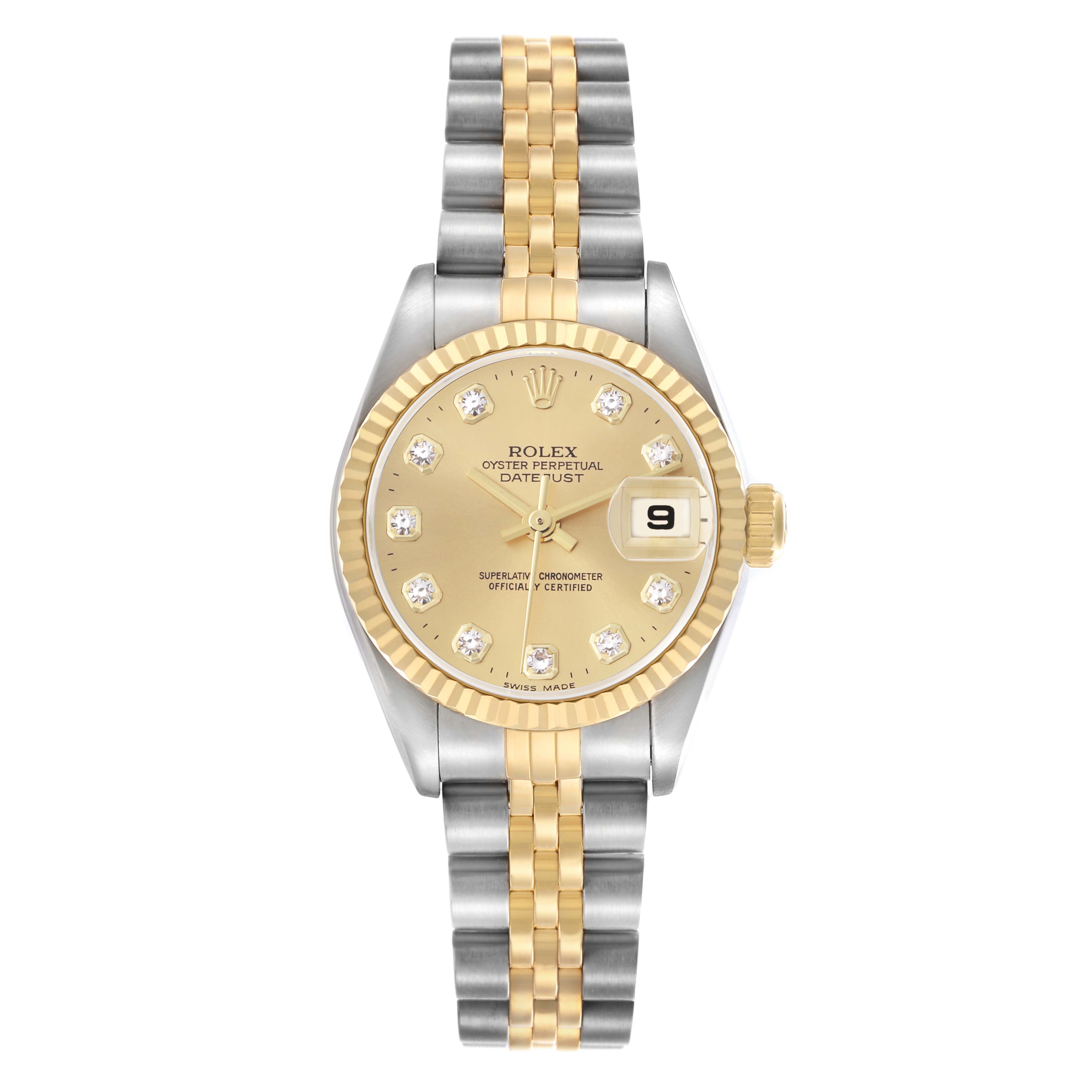 The Rolex Datejust 79173 Women
s Steel and Gold (two tone) Champagne Dial 79173 Women
s Steel and Gold (two tone) Champagne Dial watch is shown from a top-down angle featuring the case, bezel, dial, hands, bracelet, and crown.