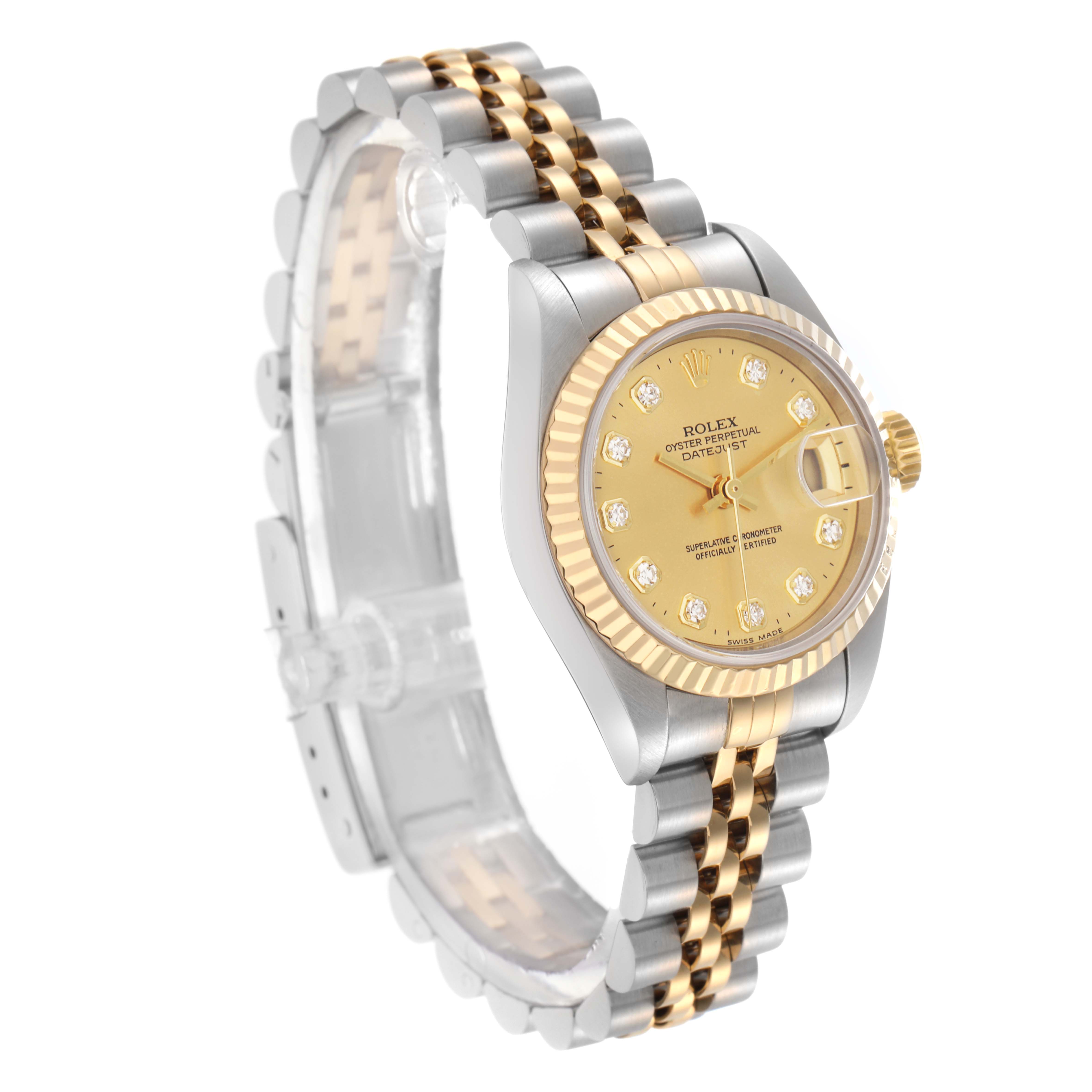 The Rolex Datejust 79173 Women
s Steel and Gold (two tone) Champagne Dial 79173 Women
s Steel and Gold (two tone) Champagne Dial watch is shown from a front-left angle, displaying its case, dial, bezel, and Jubilee bracelet.